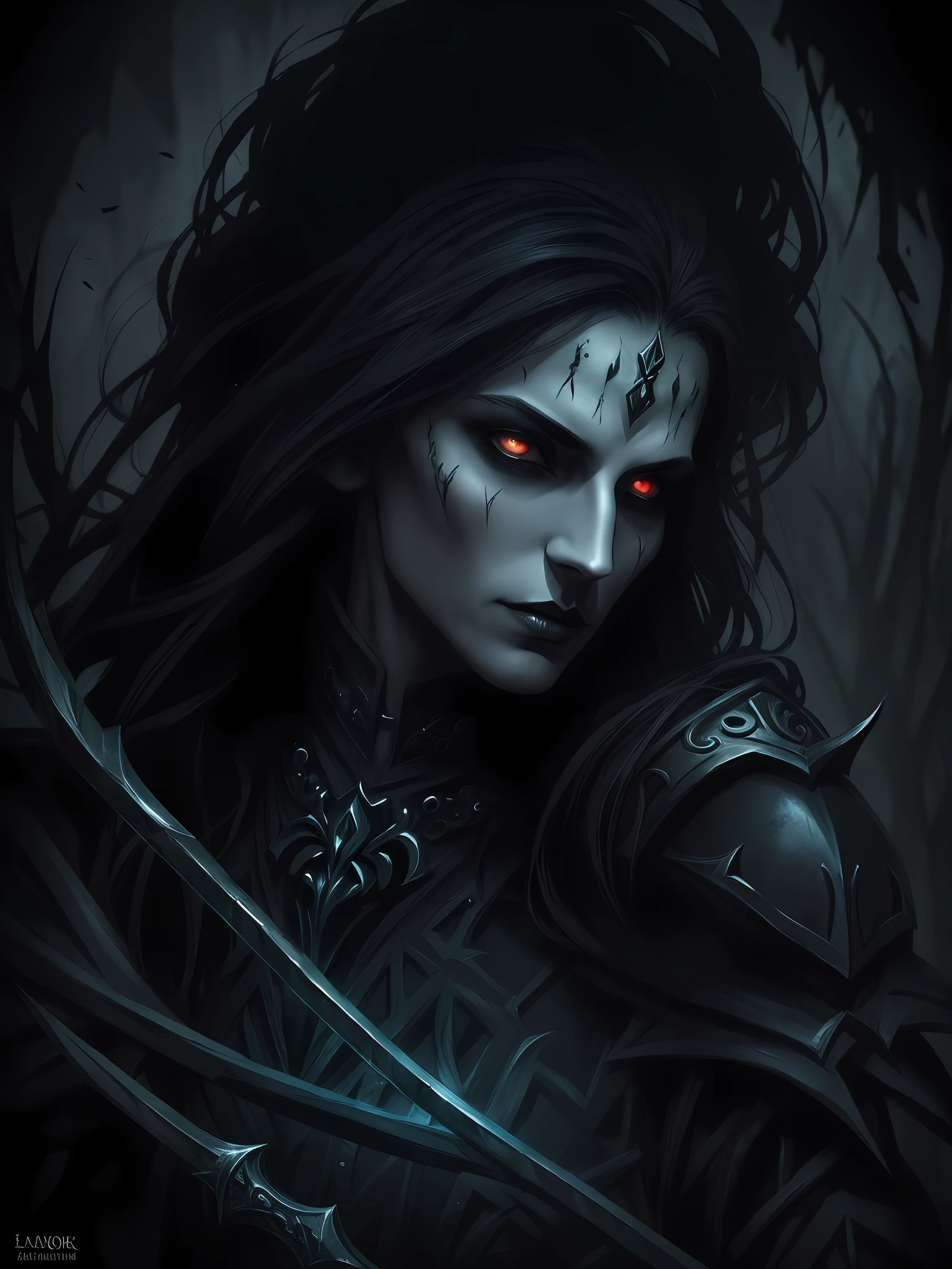A closeup of a necromonger man, in a highly detailed royal costume, holding a scepter, perfect face, perfect skin, visible pores, runny hair, straw ton hair, dark fantasy art, dark fantasy style art, Lasombra clan vampire, dark fantasy horror art, dark fantasy concept art, dark fantasy art, female vampire warrior,  Abaddon, in dark fantasy art style, gothic fantasy art, dark fantasy character design --auto --s2