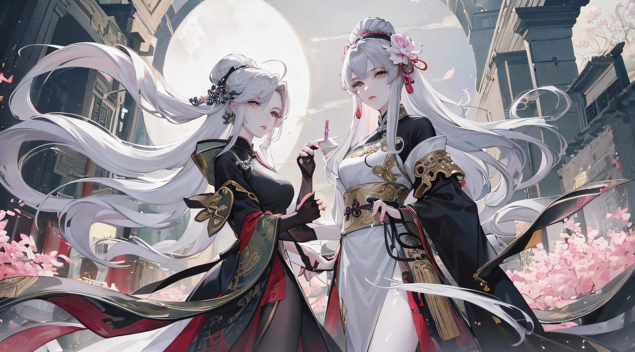 Masterpiece, Superb Beauty, Night, Full Moon, 1 Woman, Mature Woman, Chinese Style, Ancient China, Sister, Royal Sister, Cold Face, Expressionless, Silver-White Long-Haired Woman, Pale Pink Lips, Calm, Intellectual, Three Bands, Gray Eyes, Assassin, Short Knife, Flower Ball Background, Walking Street View, Nine-Tailed One, Vixen