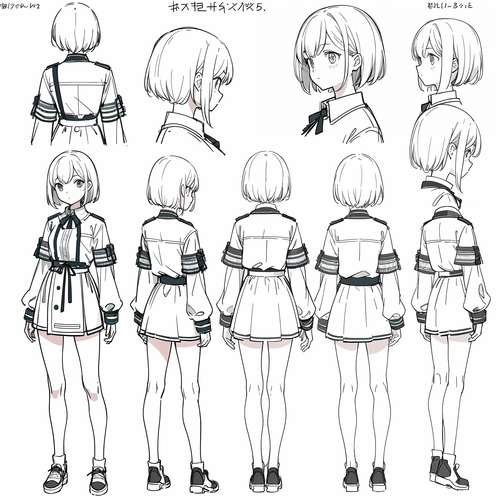 (masterpiece, best quality) detailed, girl, drawing reference, reference, lineart, sketch, short hair, (character design sheet, same character, front, side, back) modern clothes