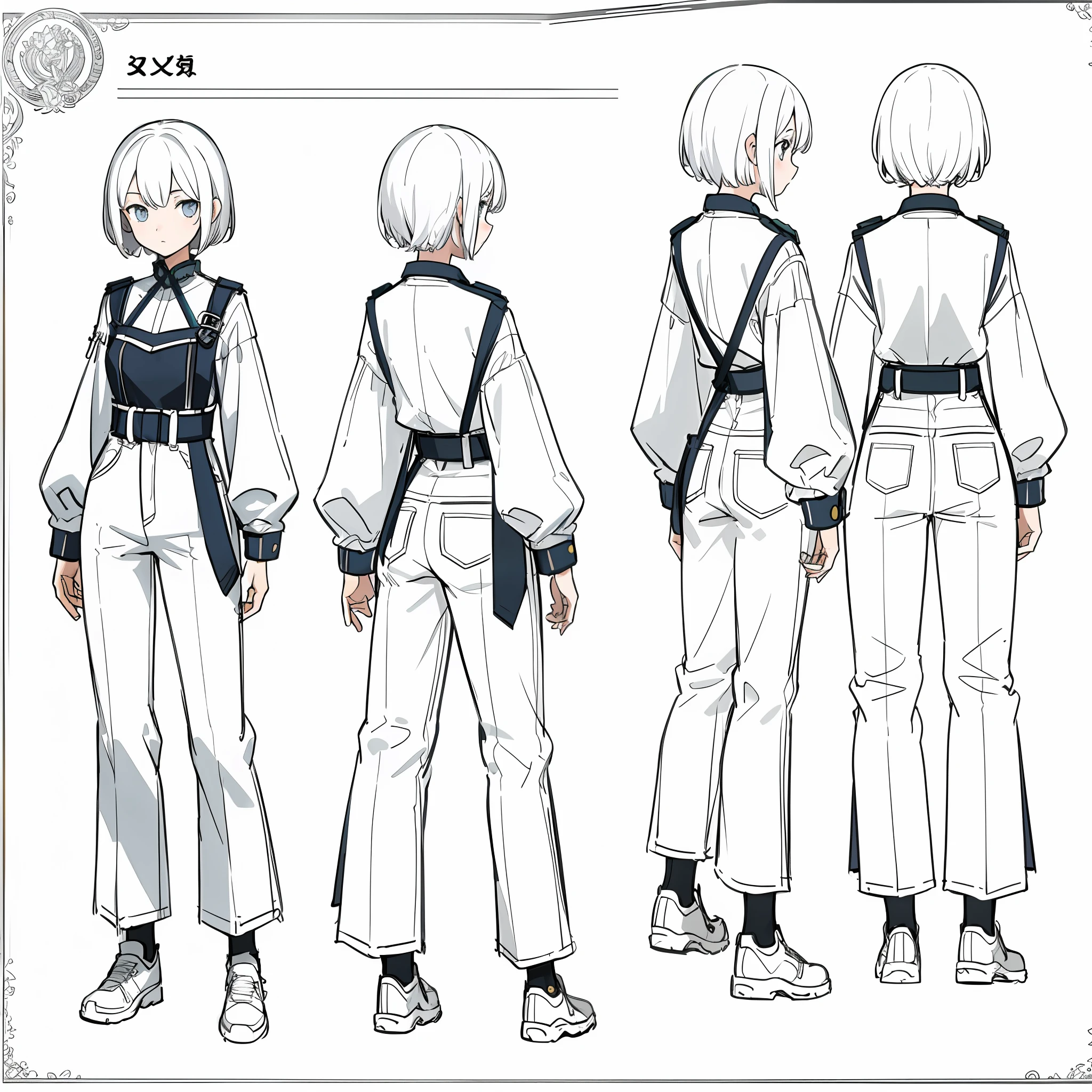 (masterpiece, best quality) detailed, girl, drawing reference, reference, lineart, sketch, short hair, (character design sheet, same character, front, side, back) modern clothes