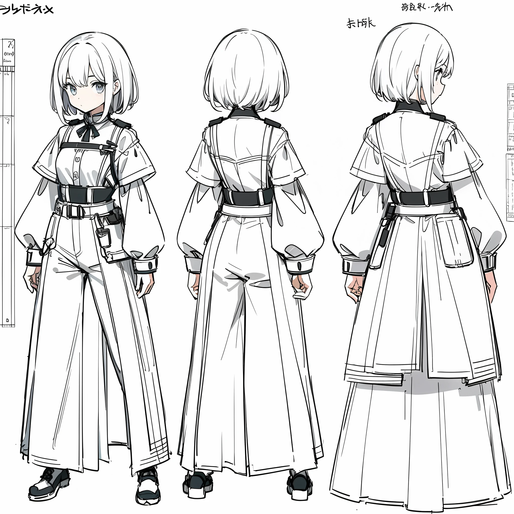 (masterpiece, best quality) detailed, girl, drawing reference, reference, lineart, sketch, short hair, (character design sheet, same character, front, side, back) modern clothes
