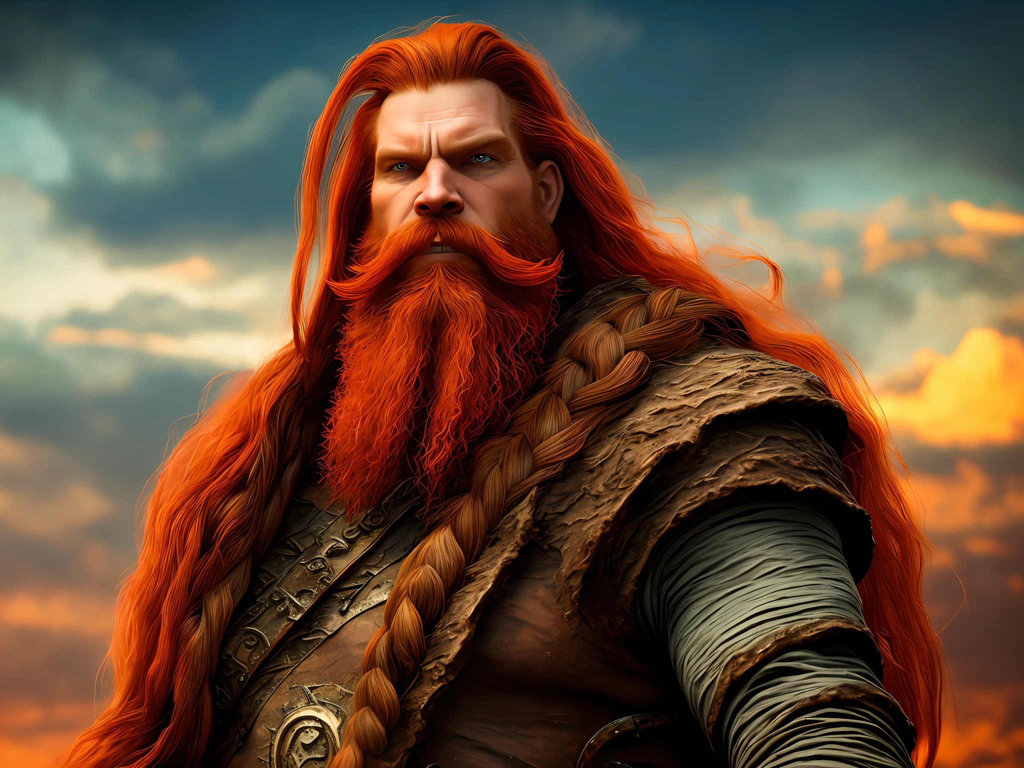 Red giant, big beard, barbarian man, medieval art, from his alone look enemies starting to panic, a head, devilish smile, beast of hell, demon, white fire sky, warrior, with sickle and shield, gorgeous, men, Werelion, long red hair braided, bright blue eyes, realistic, highly detailed, Unreal Engine, 8k-upscale