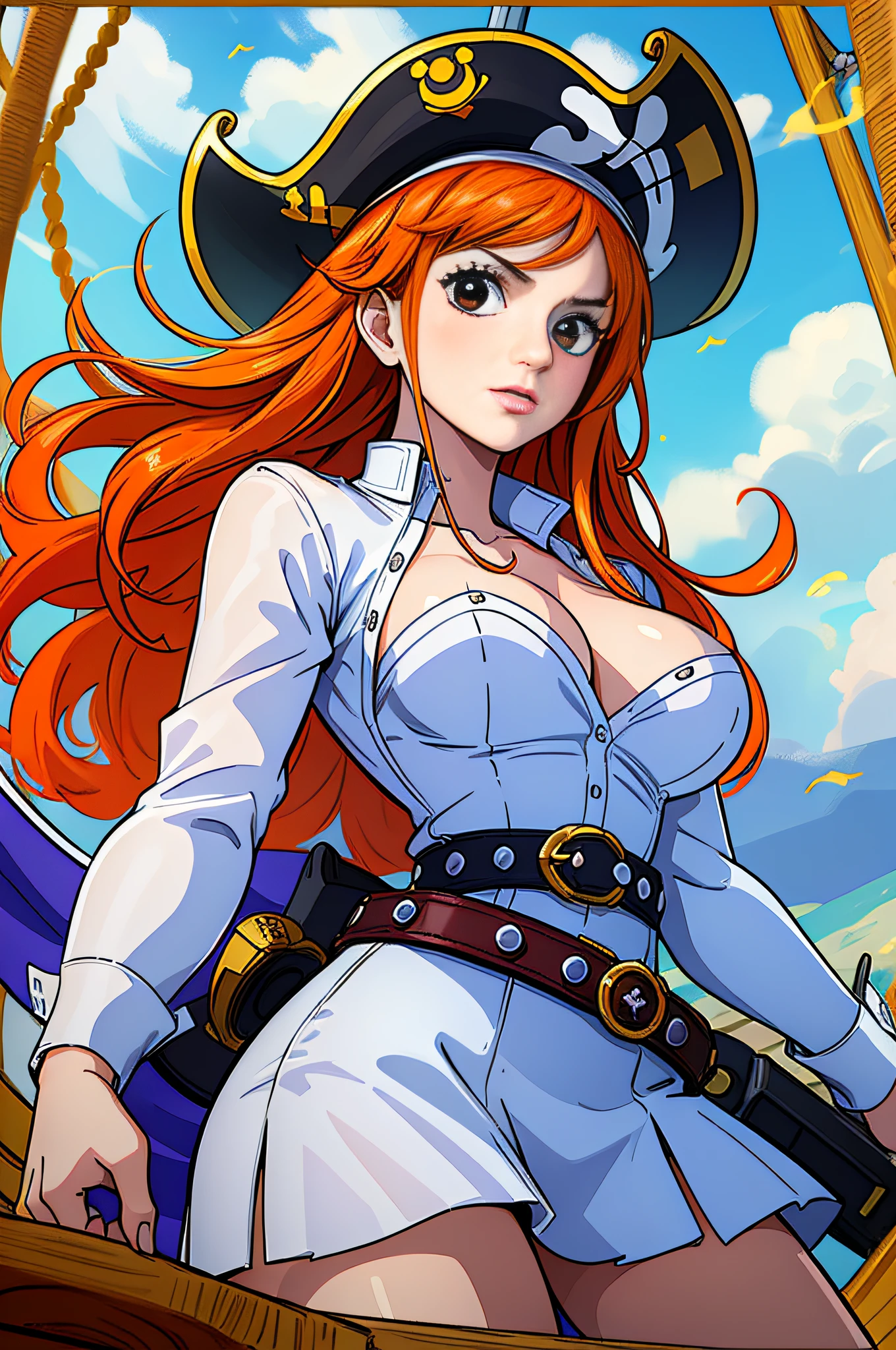 (((masterpiece+best quality+high resolution+ultra-detailed))), 1girl with clima-tact, Nami, long silky orange hair, high nose, sharp eyes, noble and inviolable temperament, (([female]: 1.2 + [beauty]: 1.2 + orange long hair: 1.2)), pirate ship background, blue sky, clouds, bracelets, white long sleeve mini dress and donned another belt, bright eyes, dynamic angle and posture.