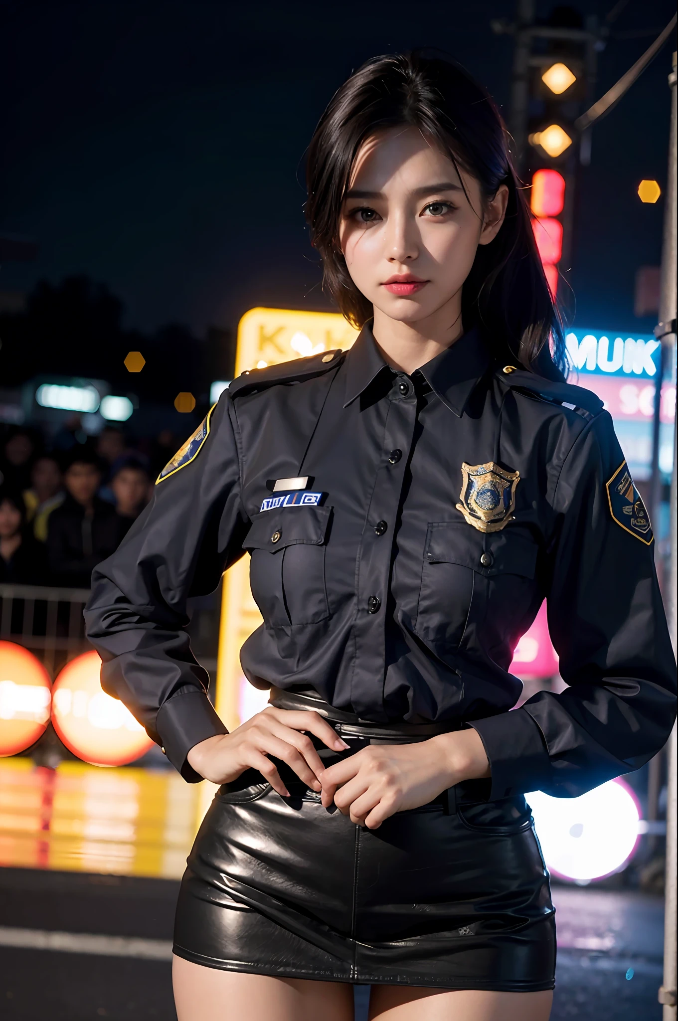 1 girl, police woman, uniform, night street, face lighting, bright backlight, medium breasts, ultra high definition, top quality, photo, 4K, (photorealistic: 1.2), mini skirt.
