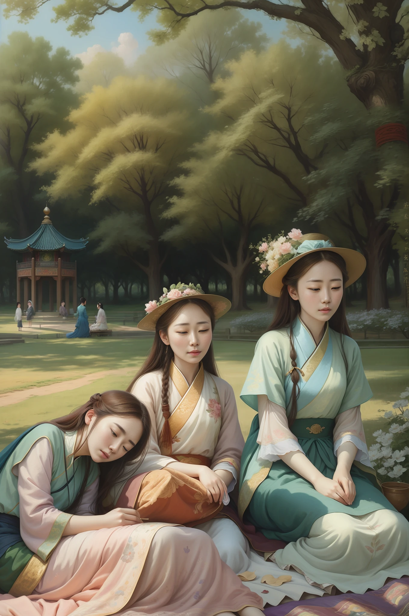 there are three women sitting on a blanket in the park,taking an afternoon nap,expression of beneign,靠在树上, oil painting,impressionalism