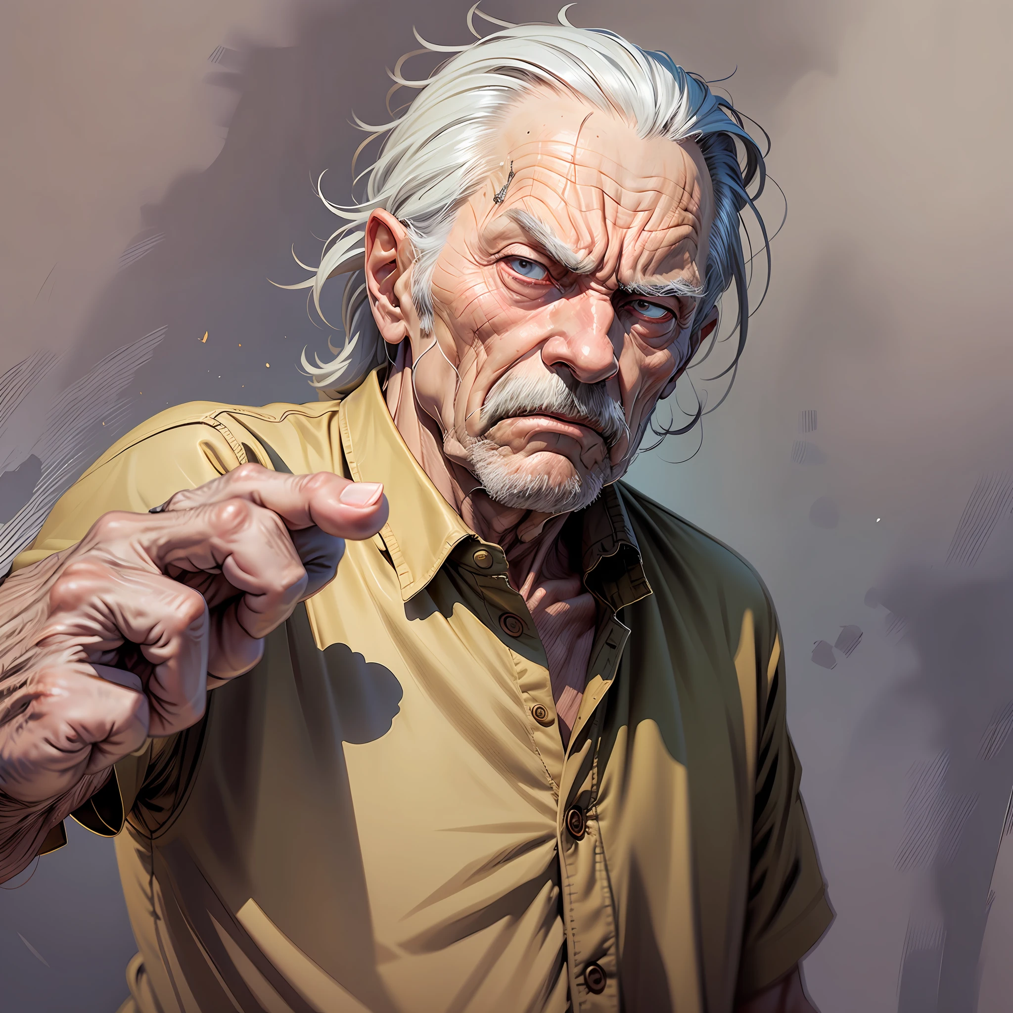An angry old man on his face putting his hand behind his back and pointing at a person with his other hand. --auto --s2