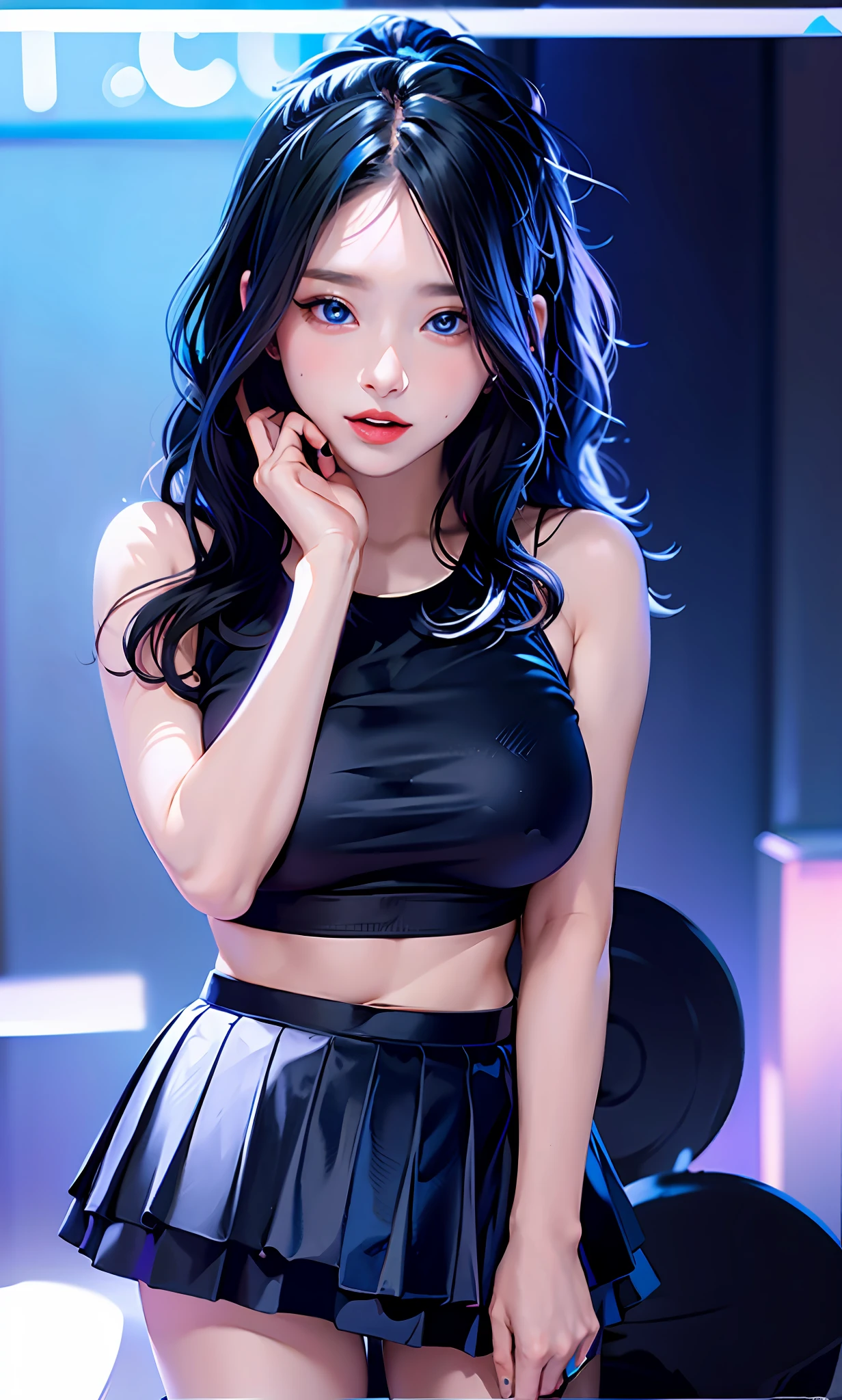 absurdress, blue eyes, black skirt, black strap top,