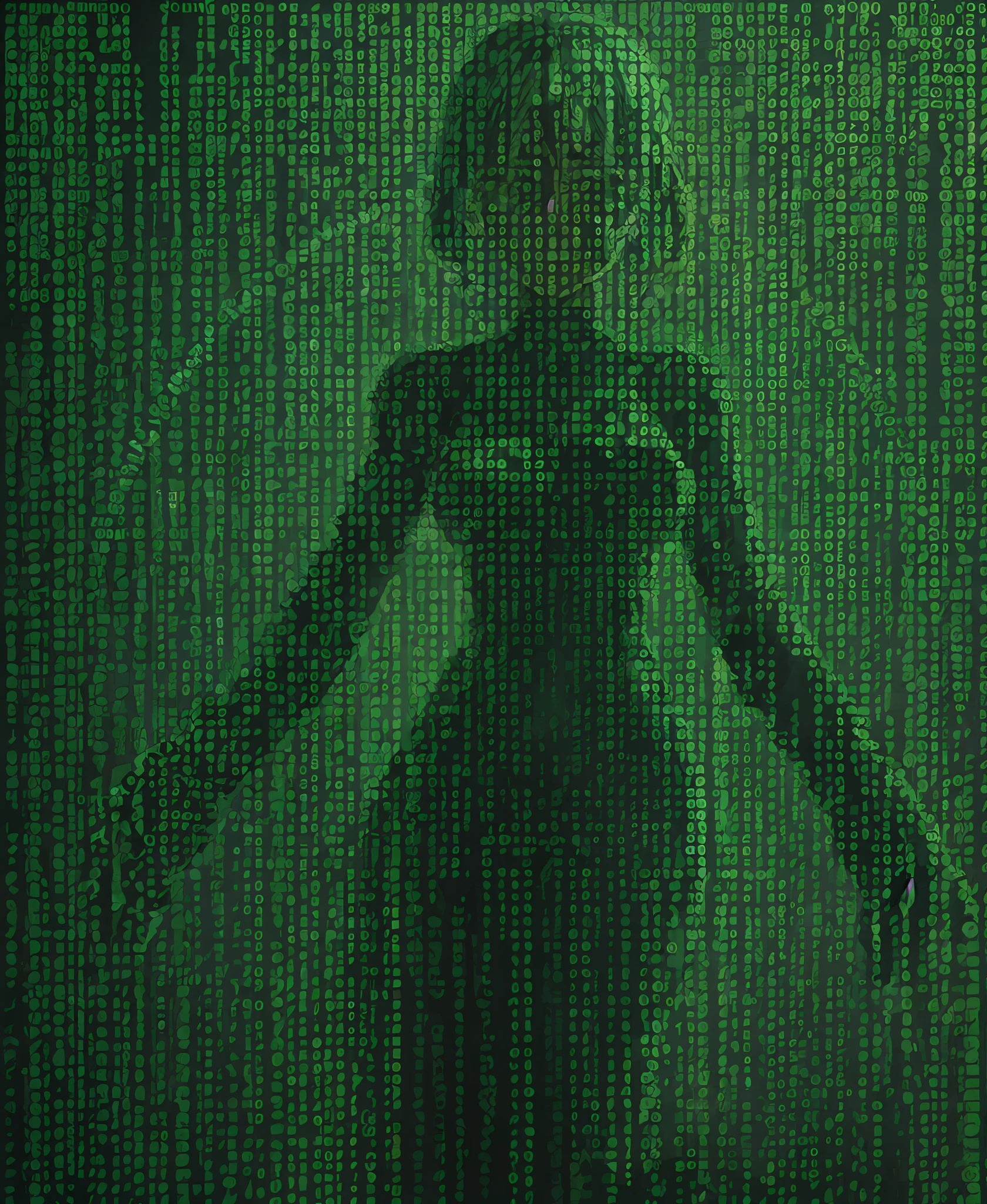 woman made from intricate binary code matrix, art made from binary code matrix, binary code matrix style, green black colors, 2.5d illustration, luminism, ultra detailed, intricate details, insane details