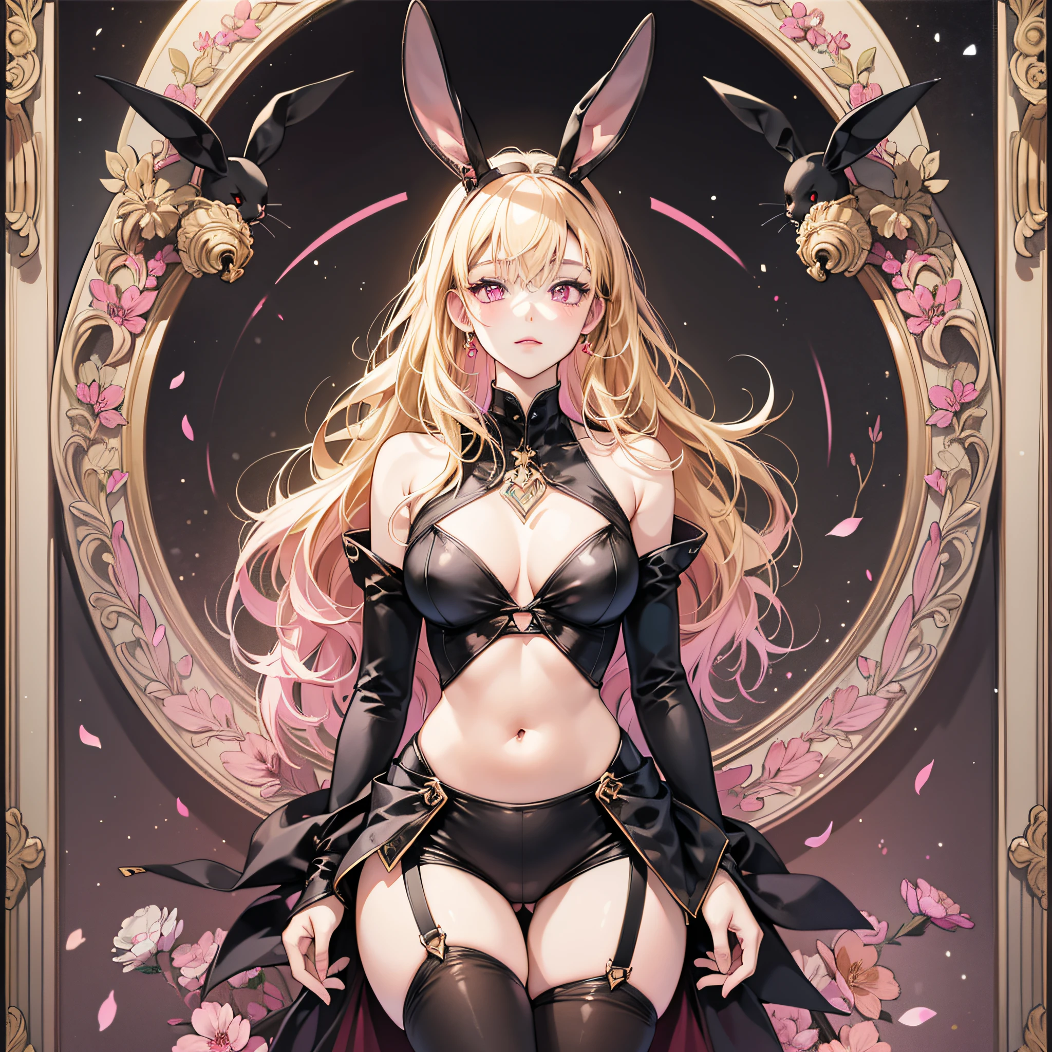 "Masterpiece, best quality, super detailed, illustration, portrait, black silk bunny girl in tights with open belly button, slender legs, distinctive pink eyes, blonde hair plus seemingly pink, prompts the following code: " --auto --s2