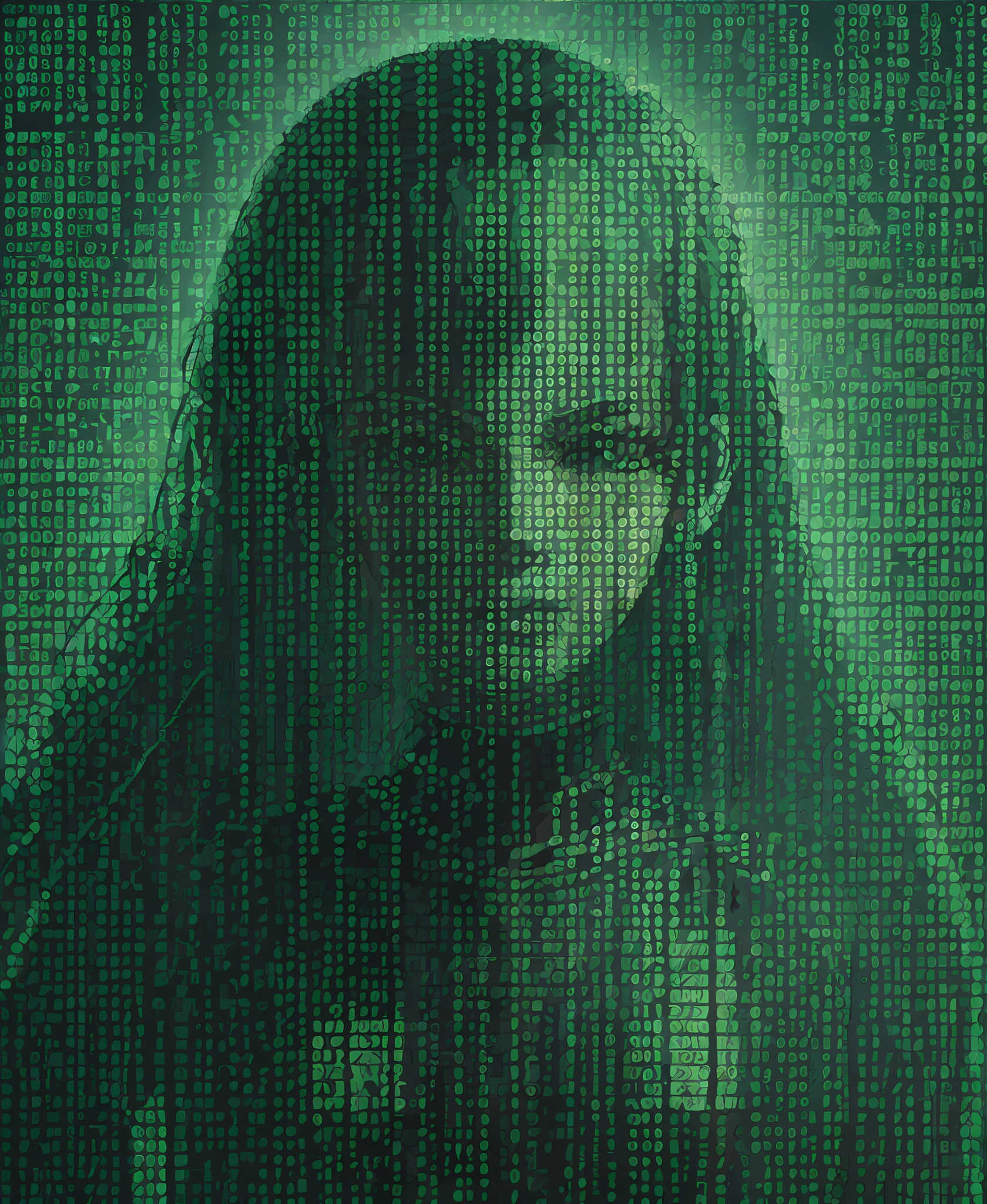 woman made from intricate binary code matrix, art made from binary code matrix, binary code matrix style, green black colors, 2.5d illustration, luminism, ultra detailed, intricate details, insane details