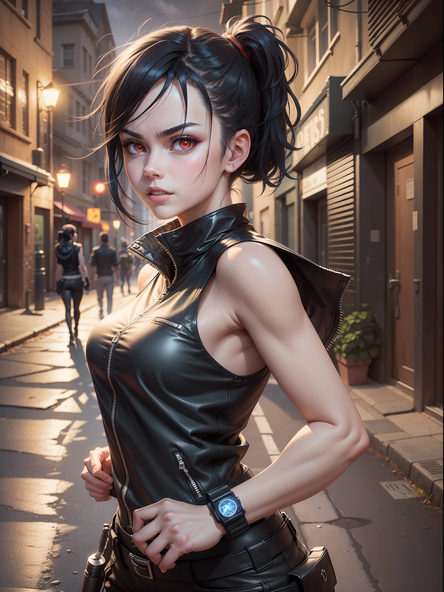 girl, wearing a sleeveless jacket, tactical trousers,throwing motion,knife flying towards viewer, black hair, dark blue hair, short ponytail, floating hair, glowing eyes, red eyes, crazy eyes, wide-eyed, clenched teeth, serious, dark back alley, edgy lighting,dark lighting, (night time) , anime style, cinematic lighting, motion blur, UHD, masterpiece, 16k, HD, best quality, anatomically correct, super detail