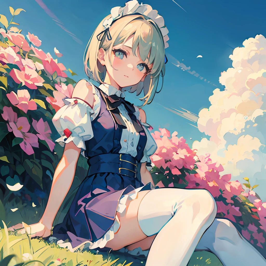 Masterpiece: 1.2, Best Quality), high resolution, depicts a girl with a cute face and short shoulder-length hair that fades from blue to white in the ta style. She wears a puffy skirt with exposed thighs between the skirt and over-the-knee socks, as well as suspender stockings. In the image, she sits like a super idol on top of some grass surrounded by flowers