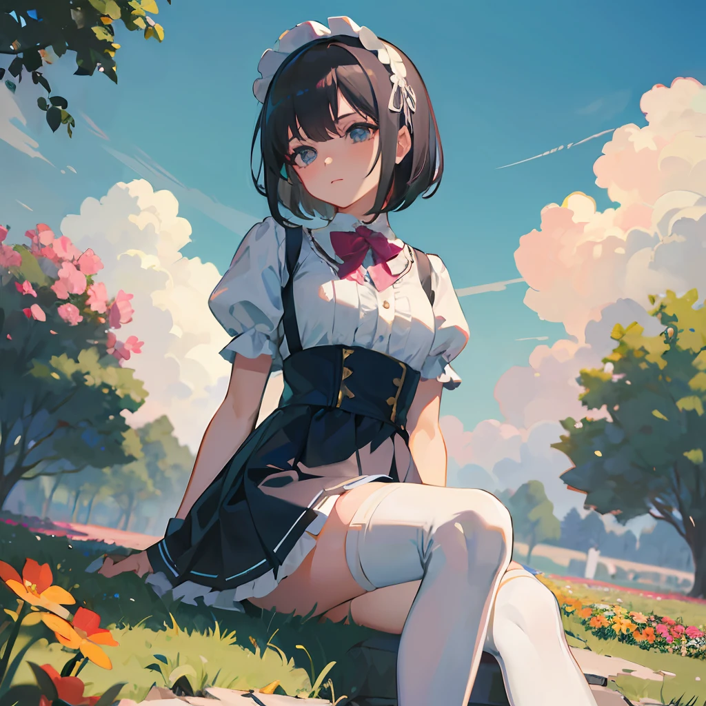 Masterpiece: 1.2, Best Quality), high resolution, depicts a girl with a cute face and short shoulder-length hair that fades from blue to white in the Lolita style. She wears a puffy skirt with exposed thighs between the skirt and over-the-knee socks, as well as suspender stockings. In the image, she sits like a super idol on top of some grass surrounded by flowers