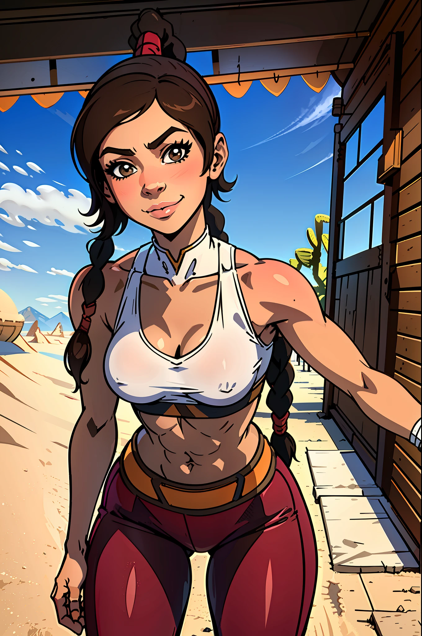 ultra-realistic 8K CG, masterpiece, ((ultra detailed background, fine drawing, intricate details, high detail, better quality fine details, hyper-detailed face)), (photorealistic: 1.4), beautiful lighting, absurdity, RAW photo, film grain, TyLee, 1girl, solo, brown hair, braid, smile, long hair, brown eyes, navel, (abs: 0.5), belly, braided tail, (leggings, chest bandages), (medium breasts, slim girl, wide hips, ass), ((complex detailed background, sand, outside, desert background, blue sky, tavern)), erotica,
