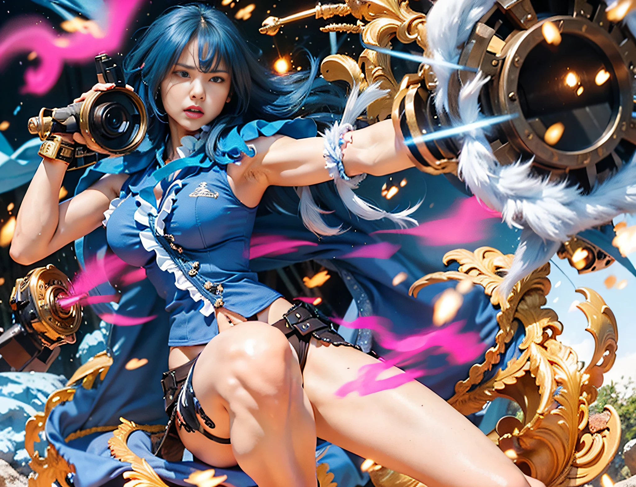 (female:1.2) (bodybuilder:0.8), hyper realistic, masterpiece, photorealistic, real skin, detailed face, detailed skin, detailed lighting, 1girl, (brown eyes), long hair, (blue hair) , large breasts, midriff, navel, frills, angry face, holding gun, thigh, armpit, amazing pose