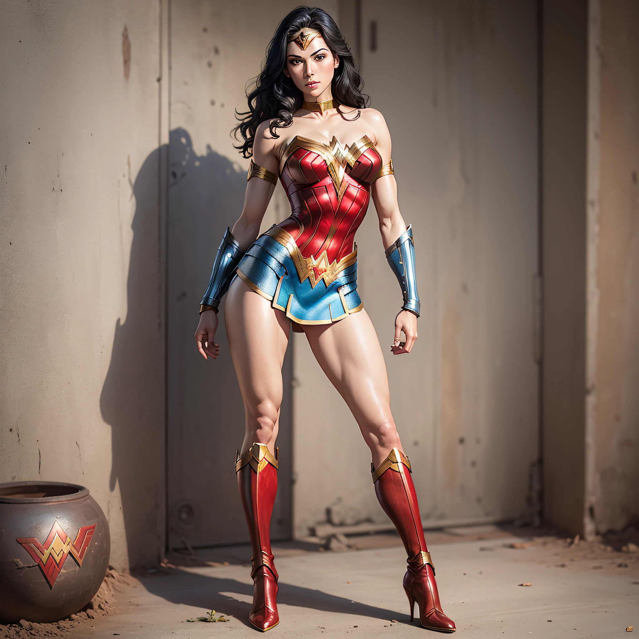 Wonder woman, slim body, gorgeous body, gorgeous face, gorgeous legs, blue boot, standing, full body, perfect body, legs bump, no mucules. --auto --s2