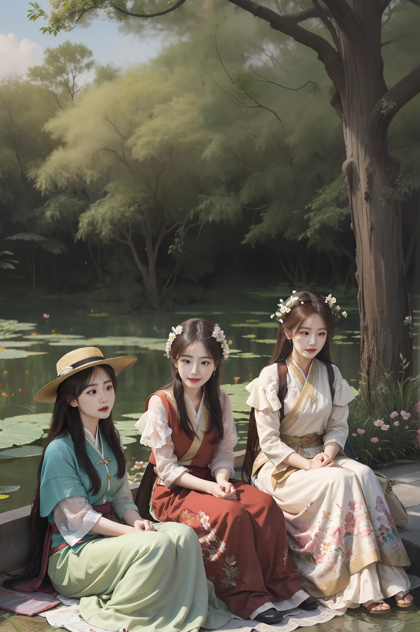 there are three women  in the emperor's park，conversation,expression of joy,ancient tree,flowers ,birds,pond, oil painting,royal art