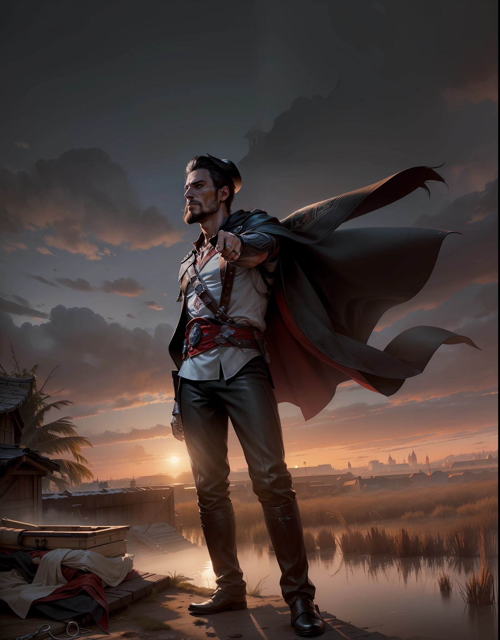(realistic, high, ultra detailed), 1 male, young face, mature, manly, tall muscular, handsome, finely detailed eyes, intricate details, portrait, solo, (full body:1), detailed background, (assassins creed), (master assassin), (black rugged leather assassin clothes), (big robe),(cape with hat), house, town, sewers in background, dirt, roof, wood box, --auto --s2