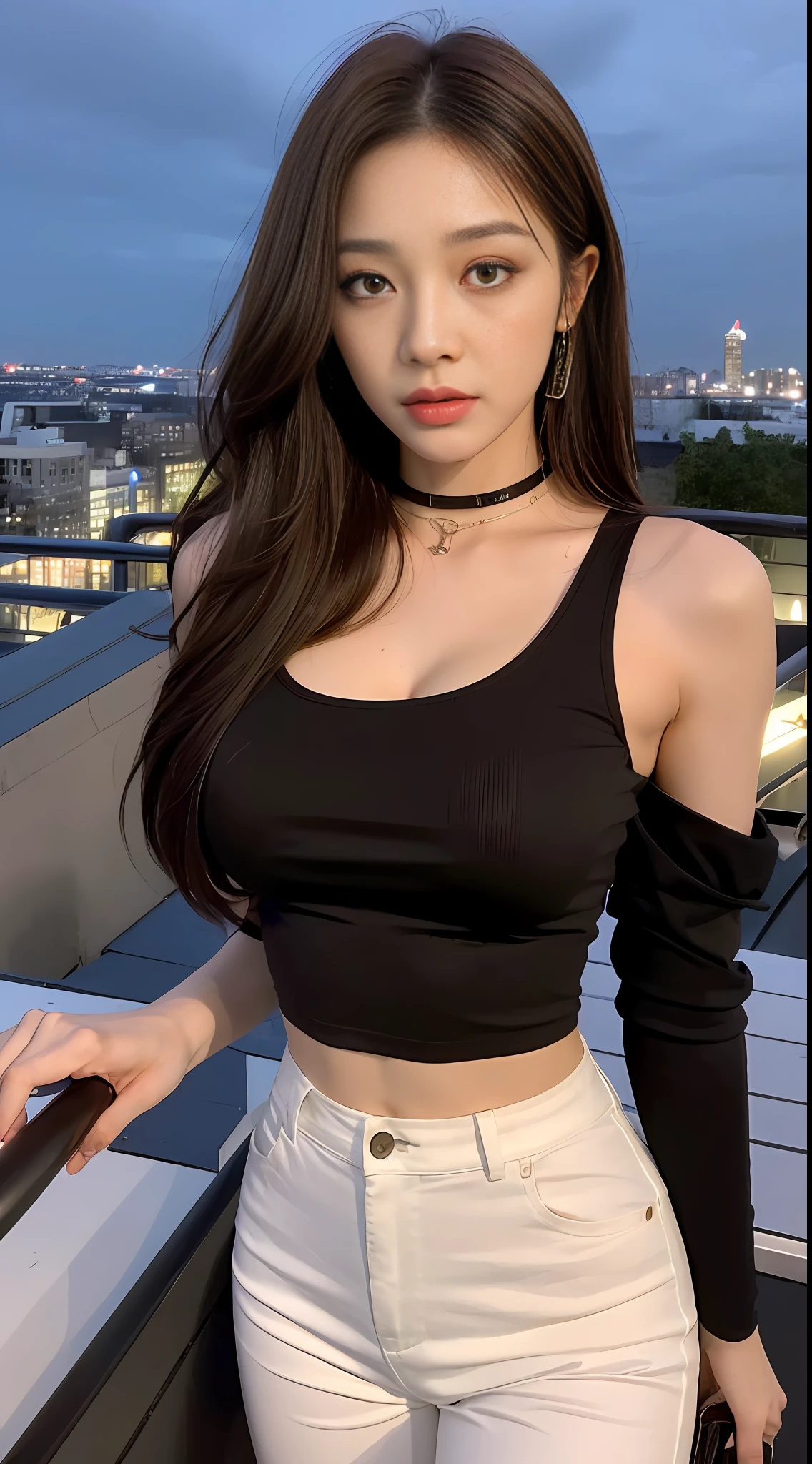 ((Midnight, Best quality, 8k, Masterpiece :1.3)), Whole body, Long legs, Sharp focus :1.2, A pretty woman with perfect figure :1.4, Slender abs :1.1, ((Dark brown hair, Big breasts :1.2)), (Crop top shirt, Low waist pants, Standing:1.2), ((Night city view, Rooftop:1.3)), Highly detailed face and skin texture, Detailed eyes, Double eyelid