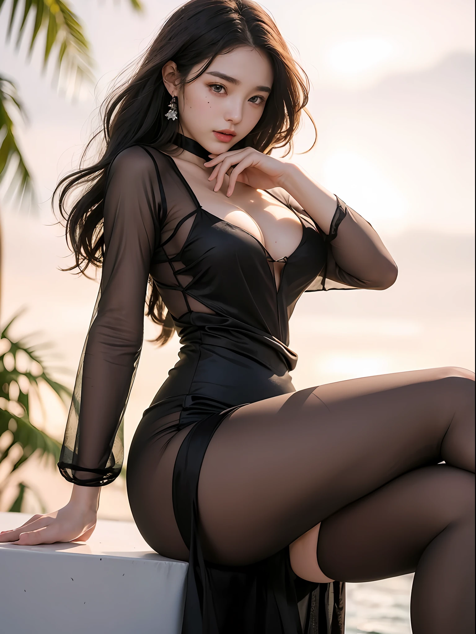 (Masterpiece, realistic, high resolution), (1 girl): 1.2), Korean, ((white wavy hair): 1.3), (heterochromic eyes: 1.1, thick eyebrows, small moles under the eyes), (transparent evening dress), ((huge breasts): 1.2, thighs), on the water, cleavage,