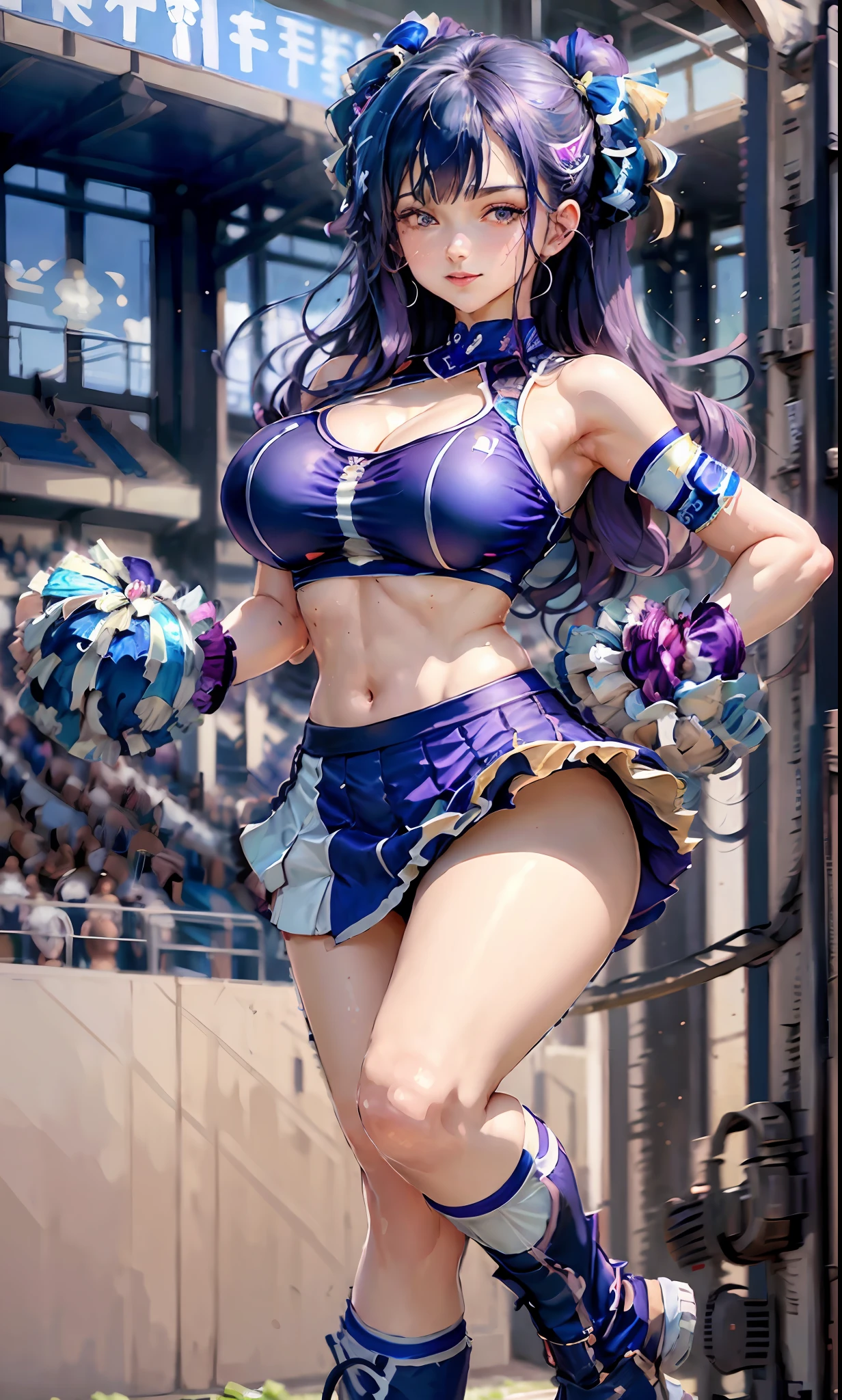 best quality,absurdress, 1 girl of 19 years, huge bust, 1milf, blue and detailed eyes, purple hair (long, wavy, voluminous),long hair, cheerleader cosplay(cropped top, pleated mini skirt), stockings 7/8), looking at the viewer