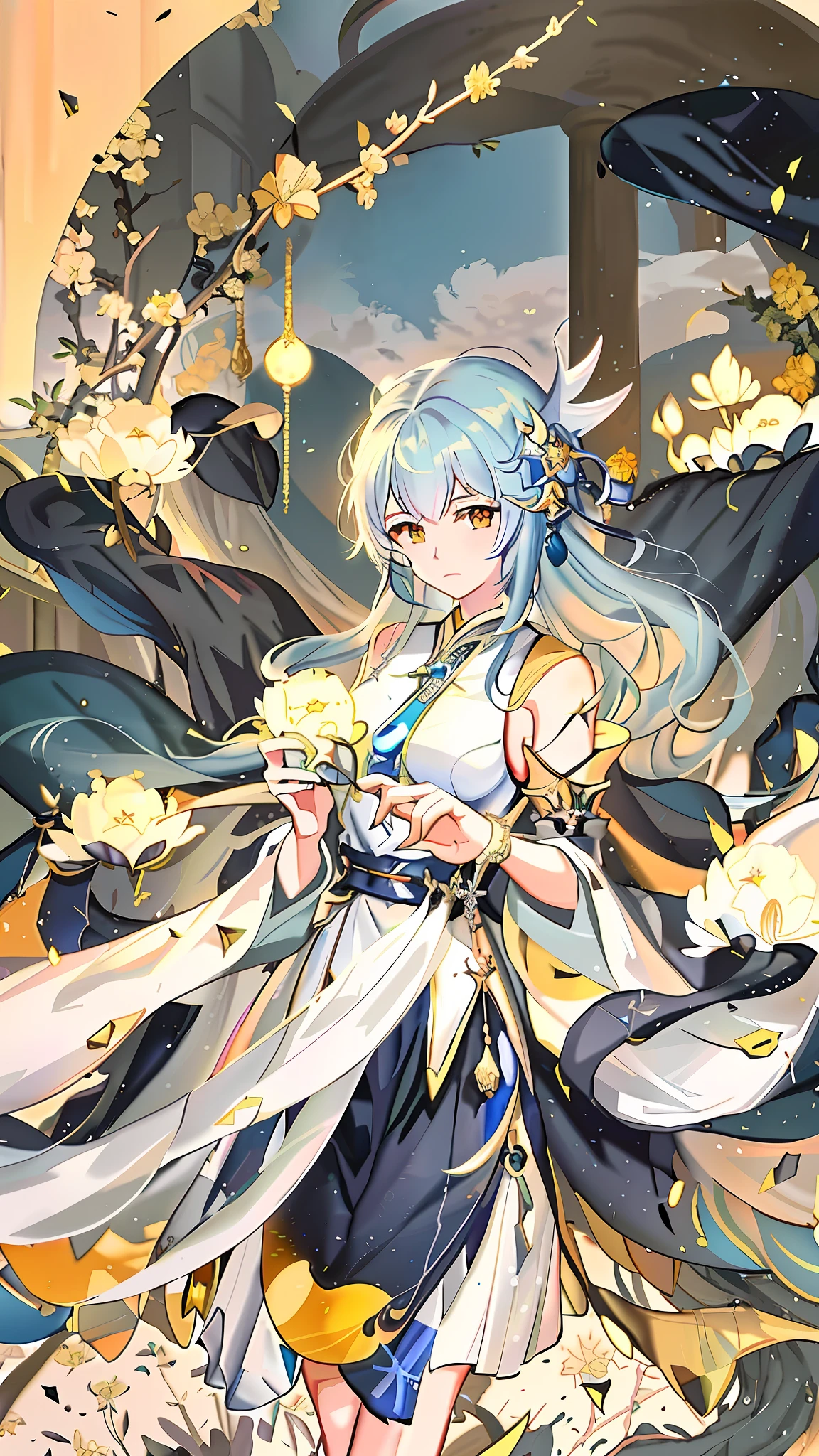 a painting of a woman in a white dress holding a sword, anime goddess, ayaka genshin impact, beautiful celestial mage, white haired deity, keqing from genshin impact, pixiv daily ranking, beautiful fantasy anime, ethereal anime, beautiful anime artwork, anime girl with teal hair, beautiful anime art, holy flame spell, beautiful young wind spirit