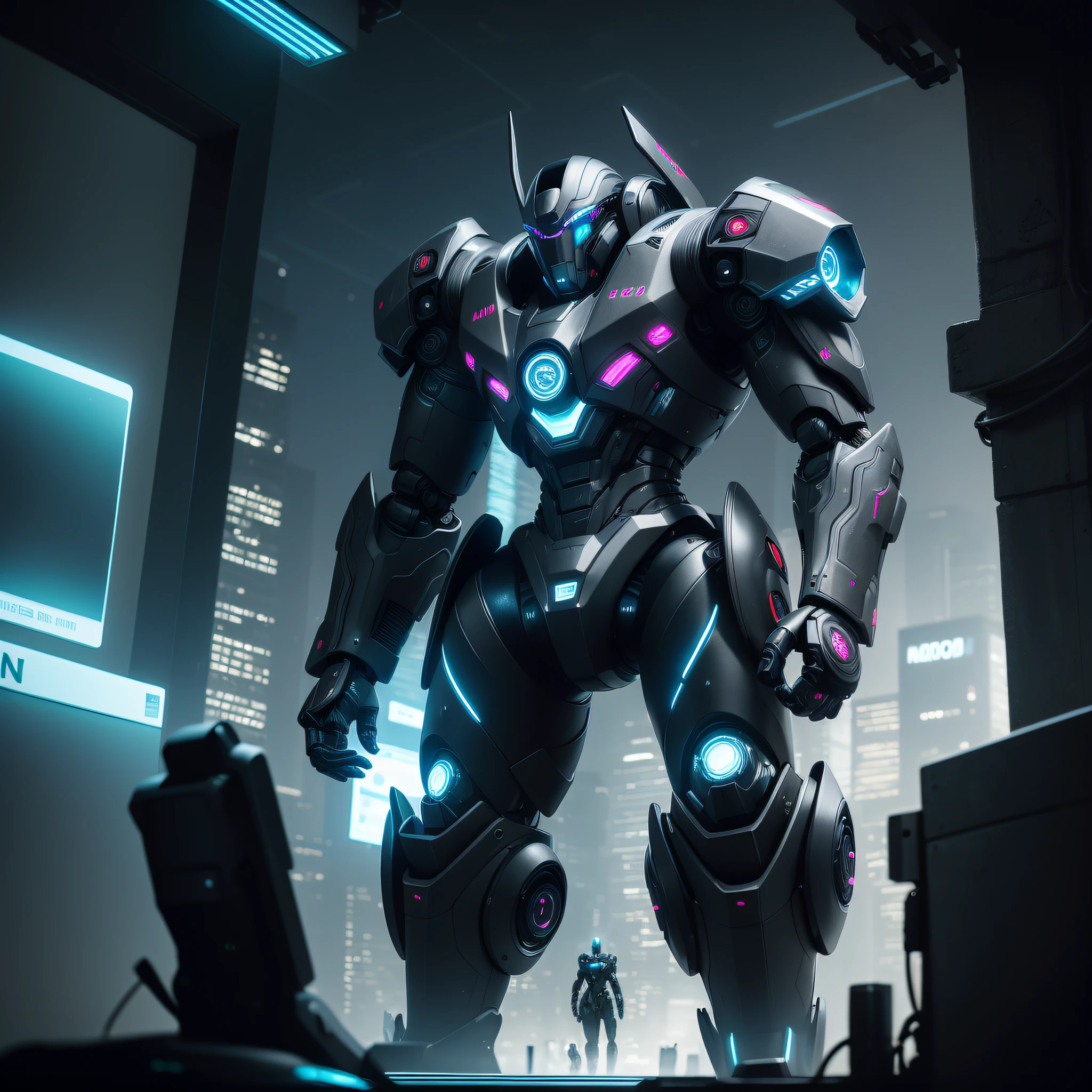 (extremely detailed, best quality, stunning) robots, metallic, sleek design, futuristic, glowing eyes, [cool poses and action:1.2], neon lights, dark and moody atmosphere, dystopian cityscape, computer-generated, cyberpunk aesthetic.