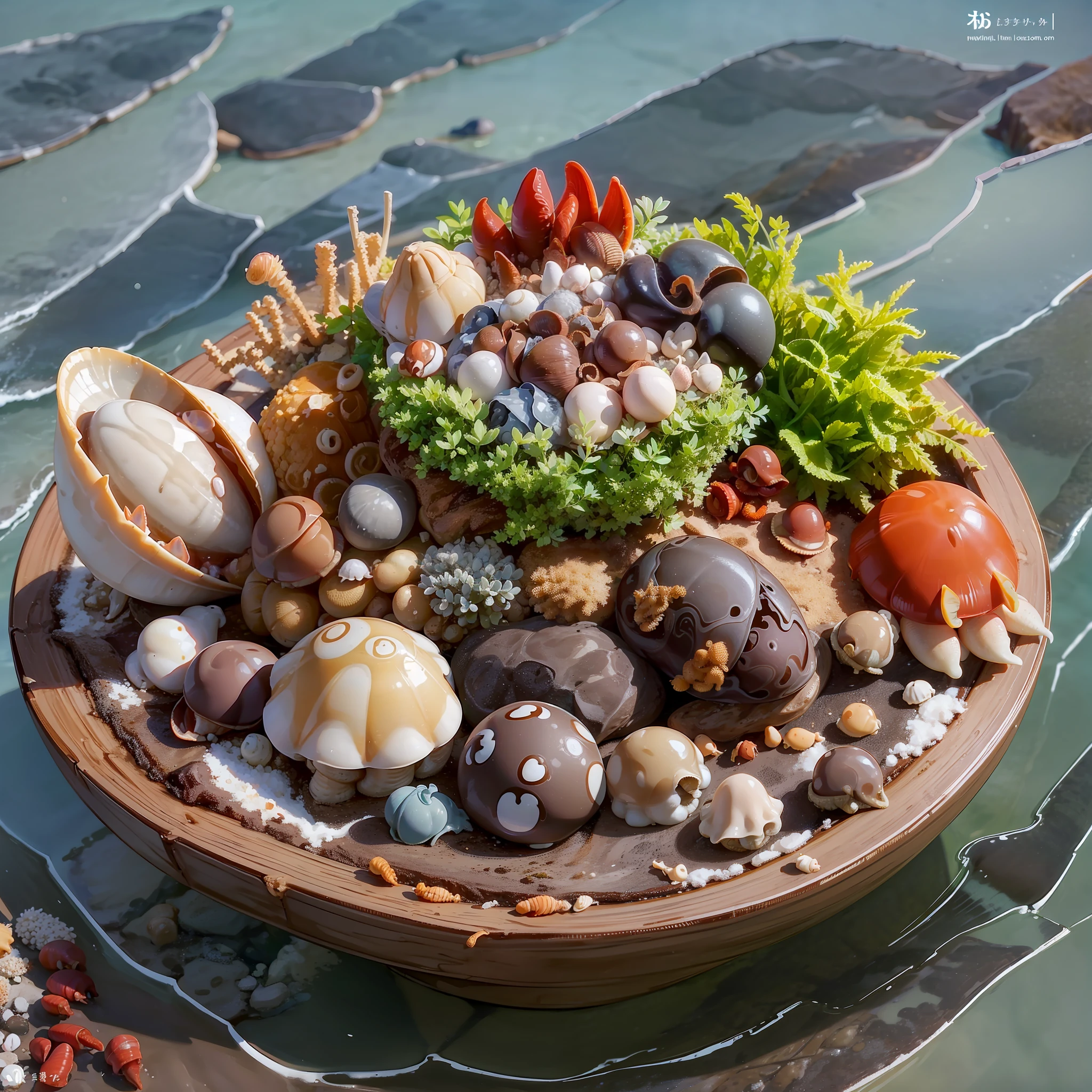 Two plastic containers filled with shells and several of them, shells and barnacles, shells, hermit crab titan, front view complete, snail, tentacle bio mixture, snail with worms, Nostlagia, front and side view, front complete, bottom view, mushroom style and macro style, shell, mixed, abalone
It's food