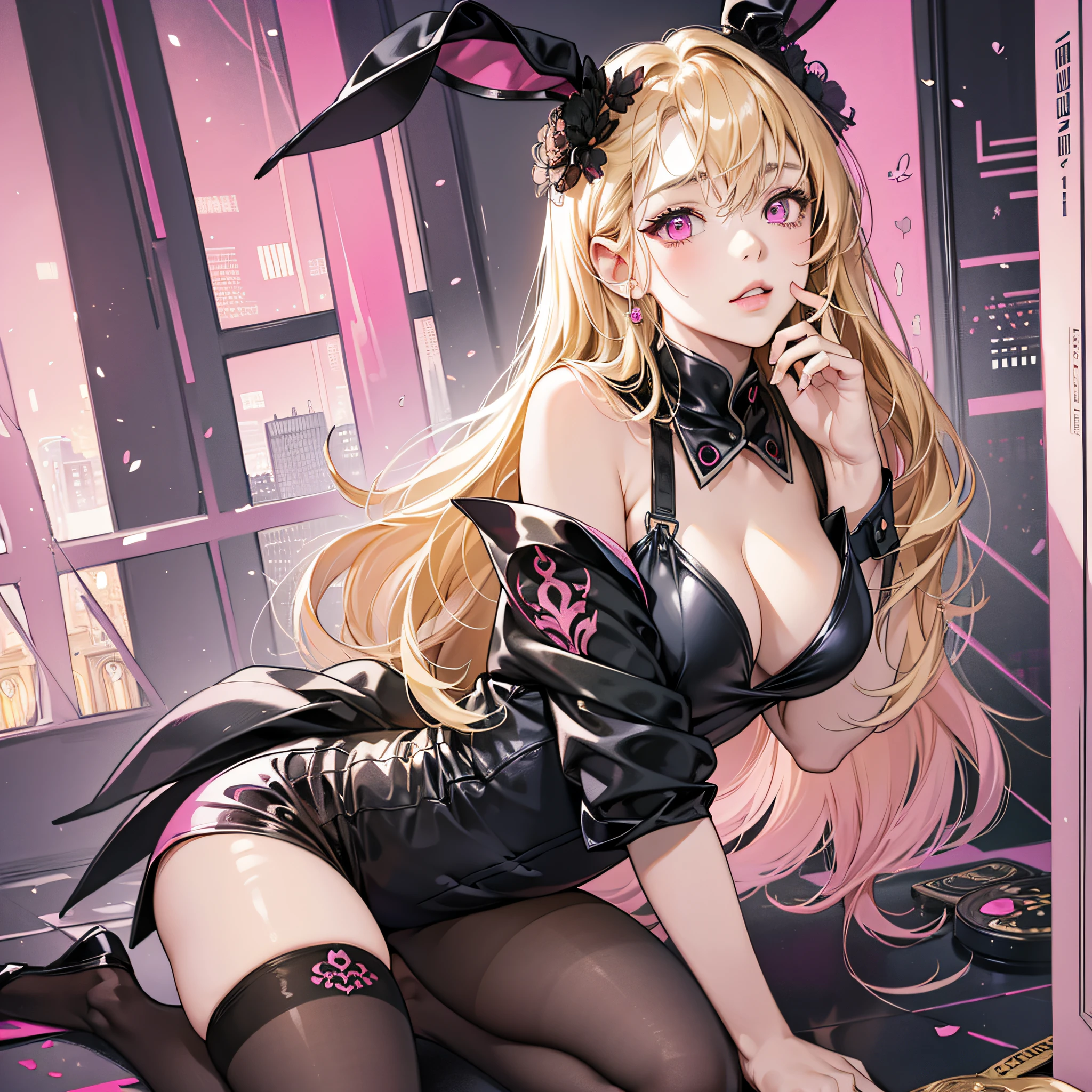 "Masterpiece, best quality, ultra-detailed, illustration, portrait, black silk bunny girl kneeling in tights, slender legs, distinctive pink eyes, blonde hair plus seemingly pink, prompts the following code: " --auto --s2