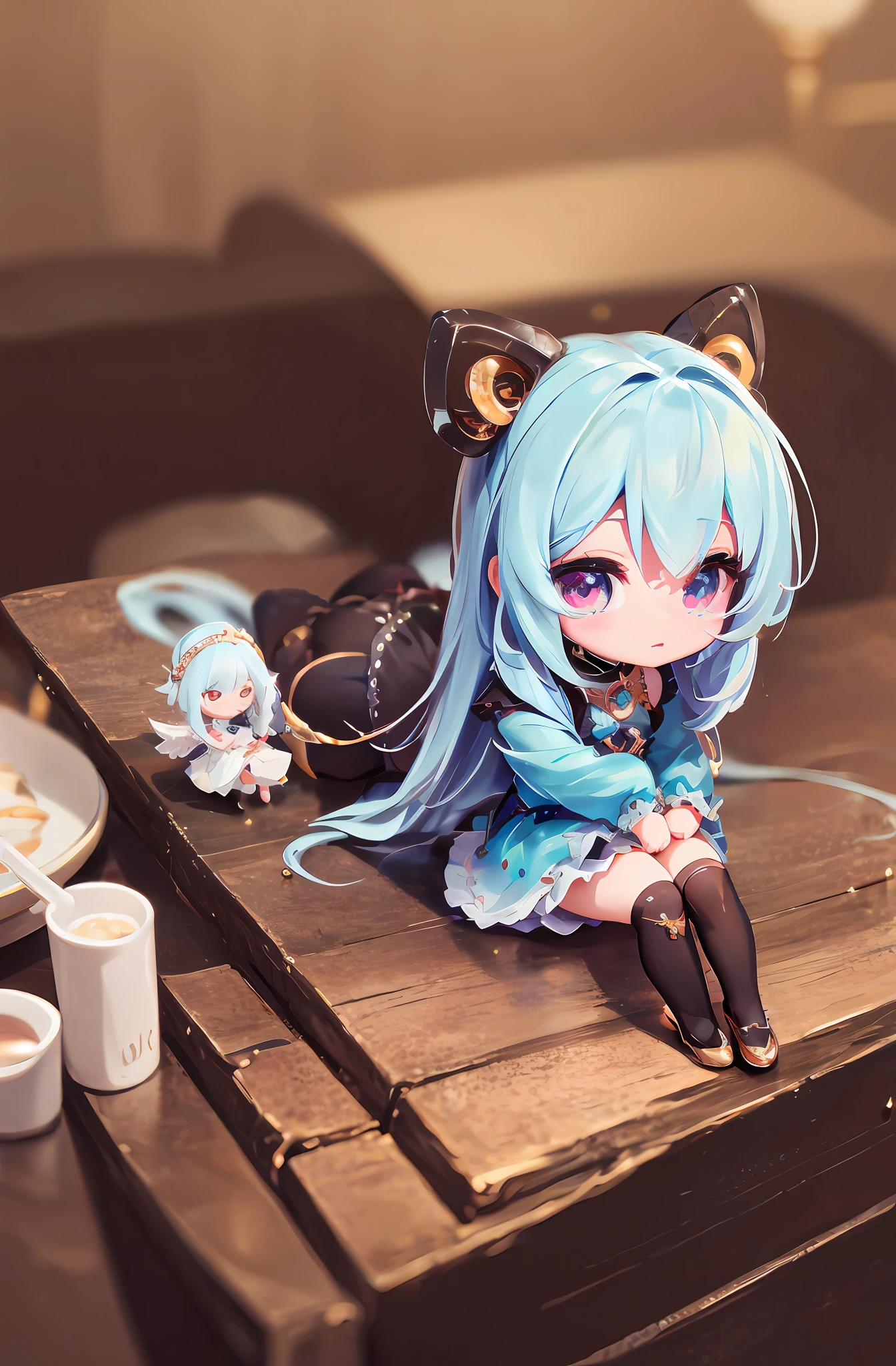 Doll sitting on table, 8K high quality detail art, one anime angel, style as Nendoroid, stylized anime, anime style 4K, cute detailed digital art, Guweiz style artwork, 8K octar rendering photos, advanced digital chibi art, cute 3d rendering, anime style. 8k