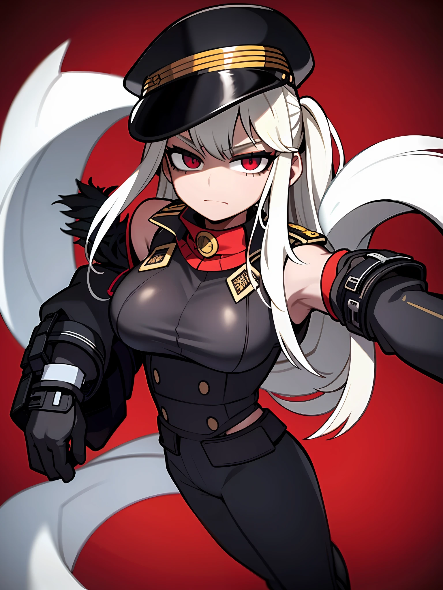 ((masterpiece, best quality)), (1girl), (solo), (female focus), female goth army officer, black leather german uniform, wearing army leather hat, strong makeup, large breasts, tall woman, black eyes, constricted pupils, empty eyes, sadistic expression, yandere, black hair, dynamic angle, ultra detailed, 8k resolution, depth of field, sharp focus, SFV, deep shadows, red background, dark