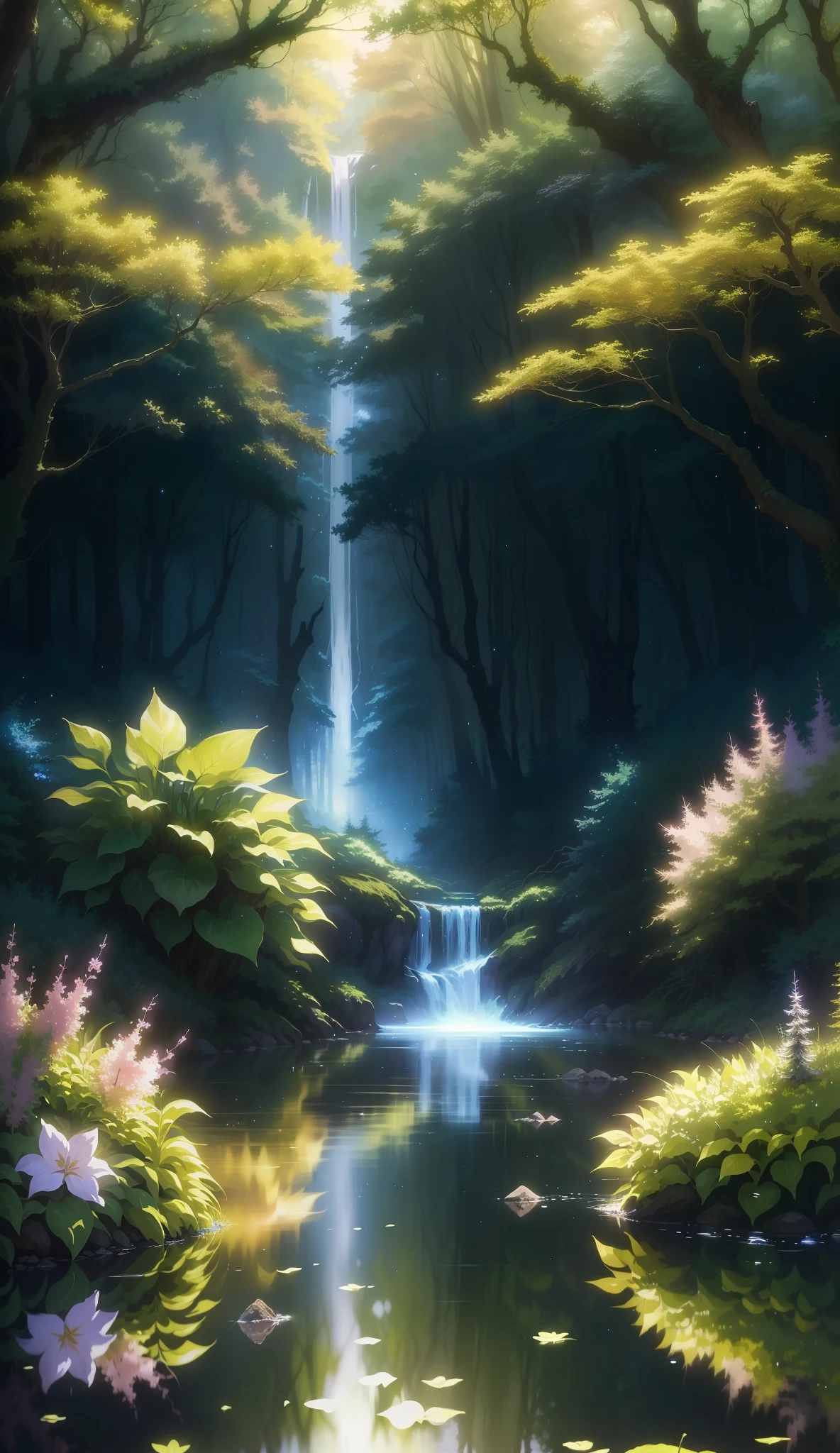 There is a stream of water through the forest of trees, anime lush John 8k forest, anime beautiful peace scene, beautiful anime scene, anime background art, gentle sparkling forest stream, magical forest background, background artwork, anime nature, beautiful anime landscape, magical environment, magical fantasy forest, anime nature wallpaper, magical forest, magical forest background, magical clearance, beautiful fairy frolicking in the water, translucent gauze skirt