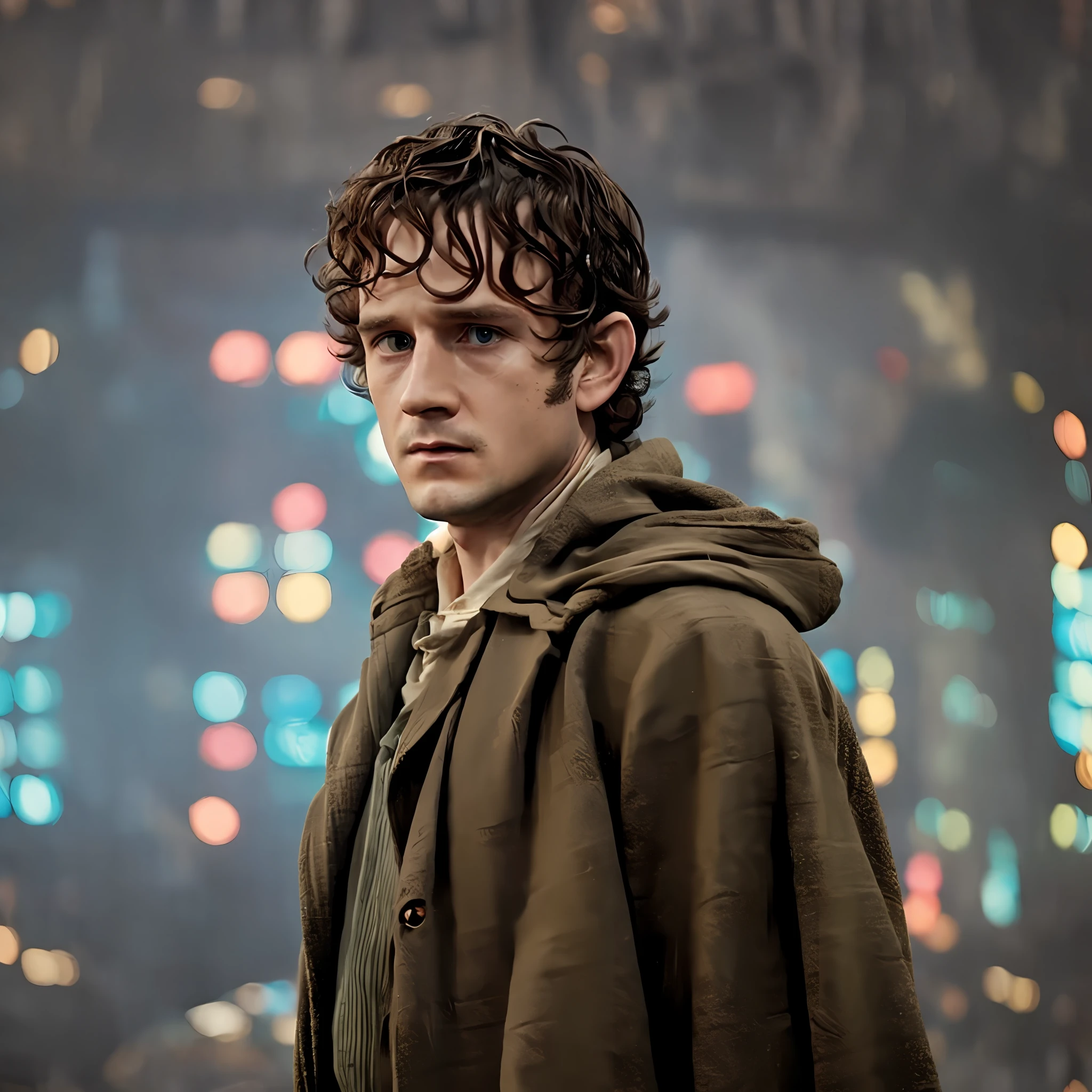 Frodo Baggins in the movie Blade Runner, movie scene, cinematic, 80s, retro, directed by Ridley Scott, cinema, grain, film, film still