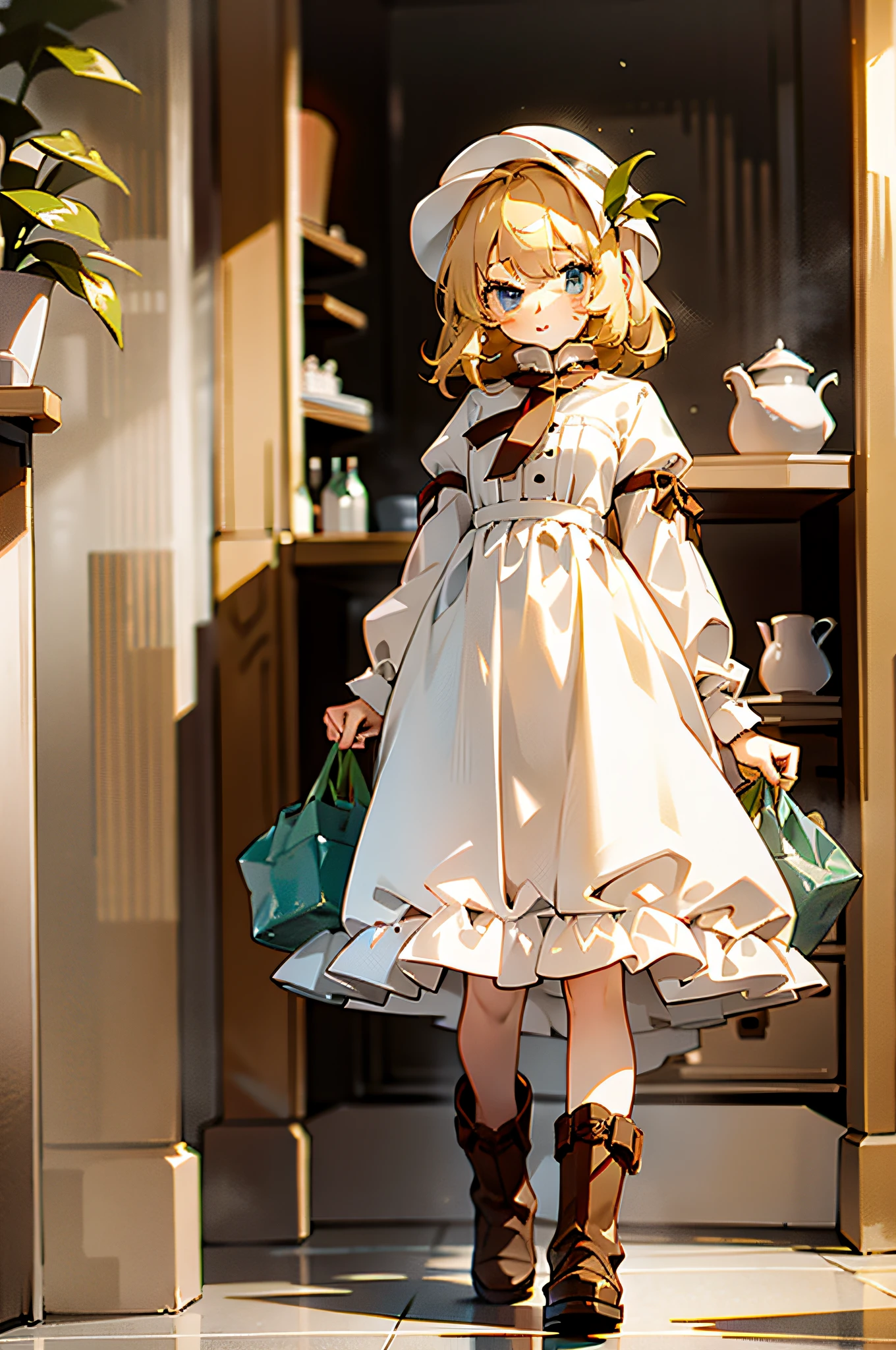 With a height of 110cm, she is dressed in a clean white dress, boots, blonde hair, and an innocent and cute image of a young girl.