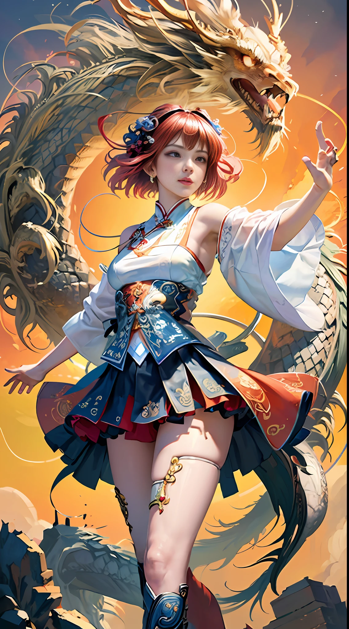 Official Art, Unified 8K Wallpapers, Ultra Detailed, Beautiful and Aesthetic, Masterpiece, Best Quality, (Zentangle, Tangle, Entangle), (fractal art: 1.4), (character center: 1.3), 1girl, black hair, Chinese, off-the-shoulders, short skirt, calf, navel, very detailed, dynamic angle, cowboyshot, (most beautiful form of chaos), ethereal, (bright colors), oc, (half: 1.2), china, (thangka flying sky: 1.5), (ribbon: 1.3), (dream: 1.5), (hanfu: 1.5), Chinese dragon, Chinese phoenix, (smile: 0.5), ( Chinese deities),