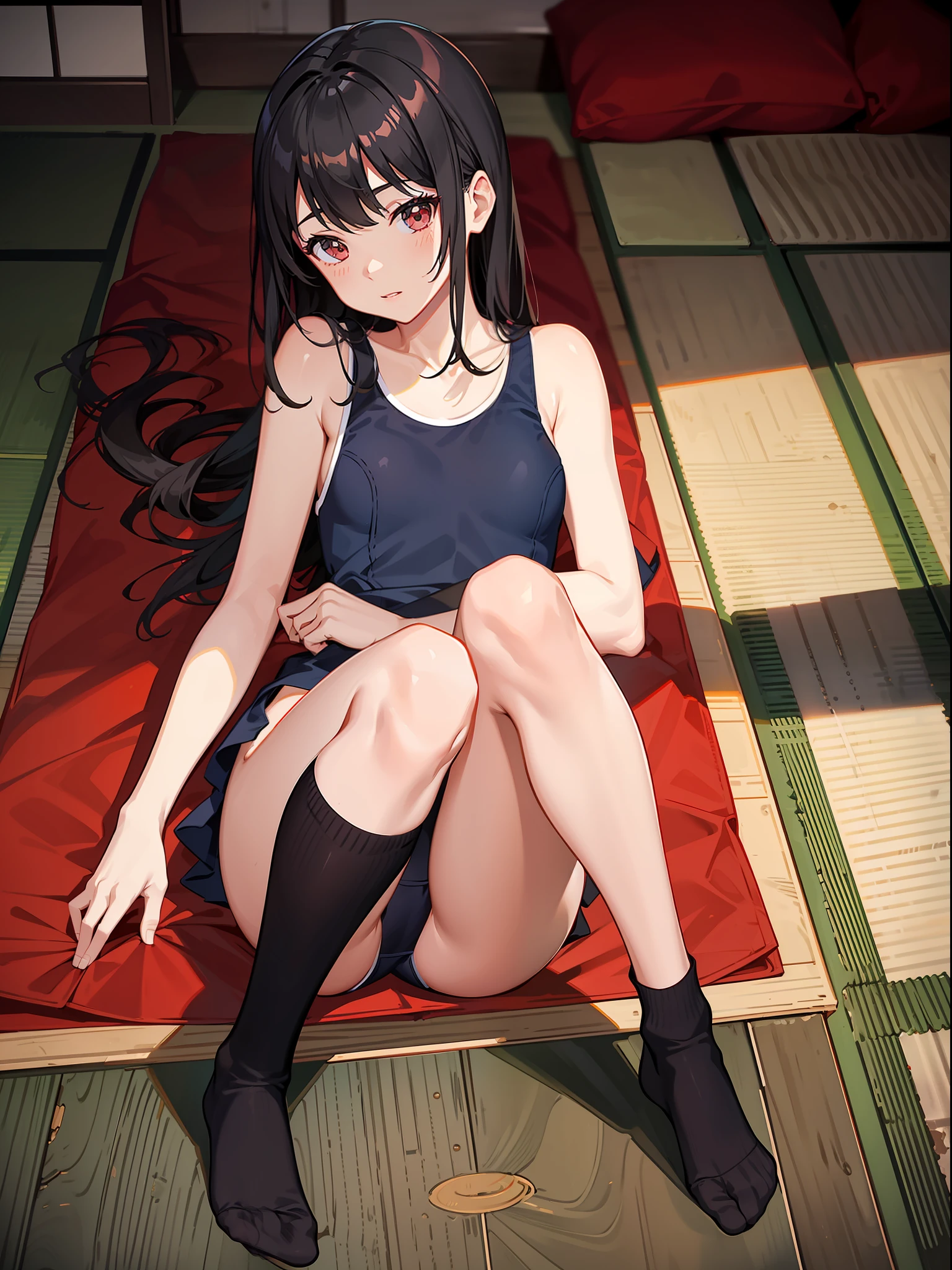 {Japan slender beautiful girl}, high resolution, best quality, {school swimsuit}, knee high , red cheeks,