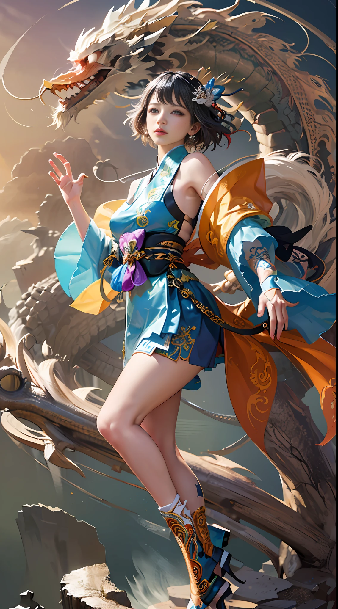 Official Art, Unified 8K Wallpapers, Ultra Detailed, Beautiful and Aesthetic, Masterpiece, Best Quality, (Zentangle, Tangle, Entangle), (fractal art: 1.4), (character center: 1.3), 1girl, black hair, Chinese, off-the-shoulders, short skirt, calf, navel, very detailed, dynamic angle, cowboyshot, (most beautiful form of chaos), ethereal, (bright colors), oc, (half: 1.2), china, (thangka flying sky: 1.5), (ribbon: 1.3), (dream: 1.5), (hanfu: 1.5), Chinese dragon, Chinese phoenix, (smile: 0.5), ( Chinese deities),
