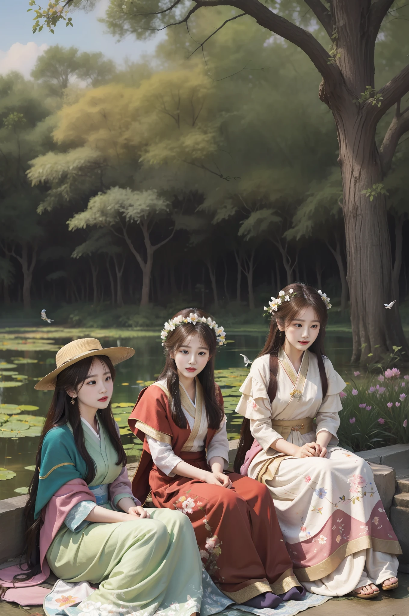 there are three women sitting on a blanket in the emperor's park,conversation,expression of joy,ancient tree,flowers ,birds,pond, oil painting,royal art