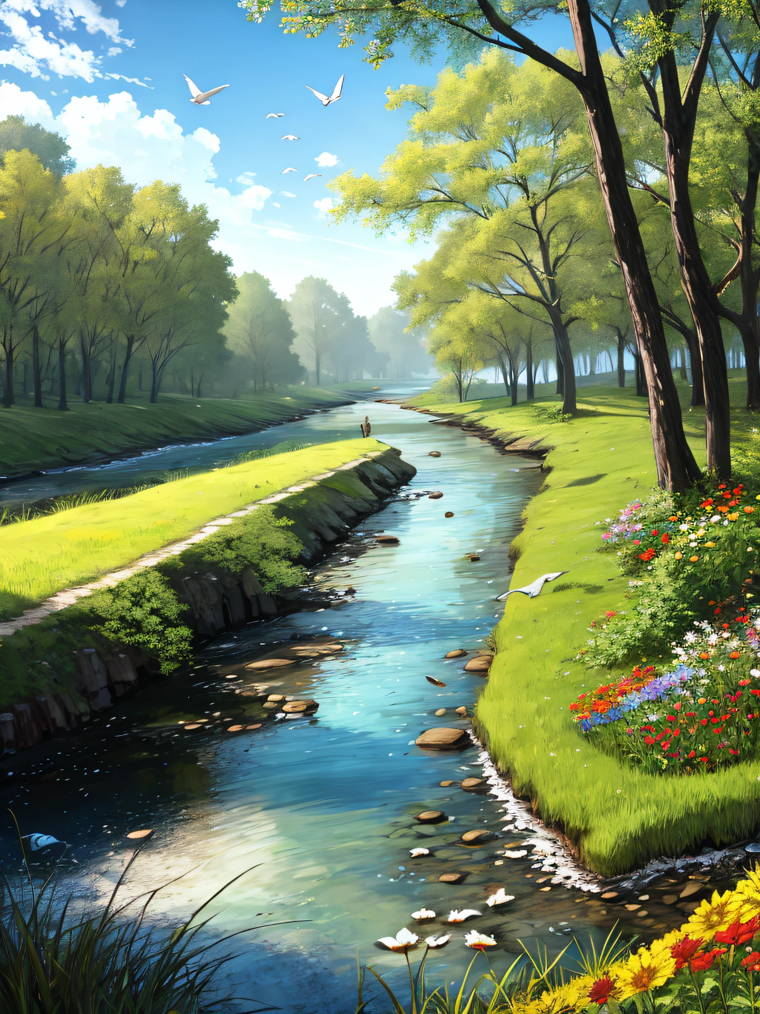 Flowers, grass, trees, wood, birds, rivers, sky