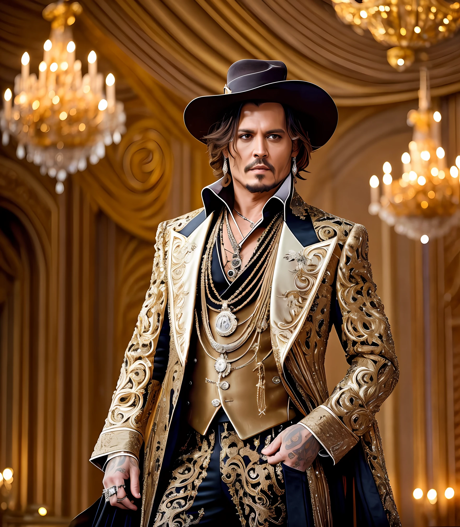 Masterpiece Photography Ultra Realistic, 4K and 12K resolution. Johnny Depp:
Masterpiece Photography Ultra Realistic Description: Johnny Depp, the enigmatic American actor, is captured in a mesmerizing 4K hyper-realistic composition wearing a flamboyant and theatrical ensemble, standing in a lavish ballroom adorned with chandeliers and intricate frescoes. The unexpected blend of eccentricity and opulence enhances his captivating presence. With his piercing eyes and enigmatic smile, he exudes a sense of mystery and allure. The hyper-realistic portrayal captures the intricate details of his elaborate costume, the lavish surroundings of the ballroom, and the play of light and shadow, evoking a sense of unparalleled artistry and mesmerizing charm. --auto --s2