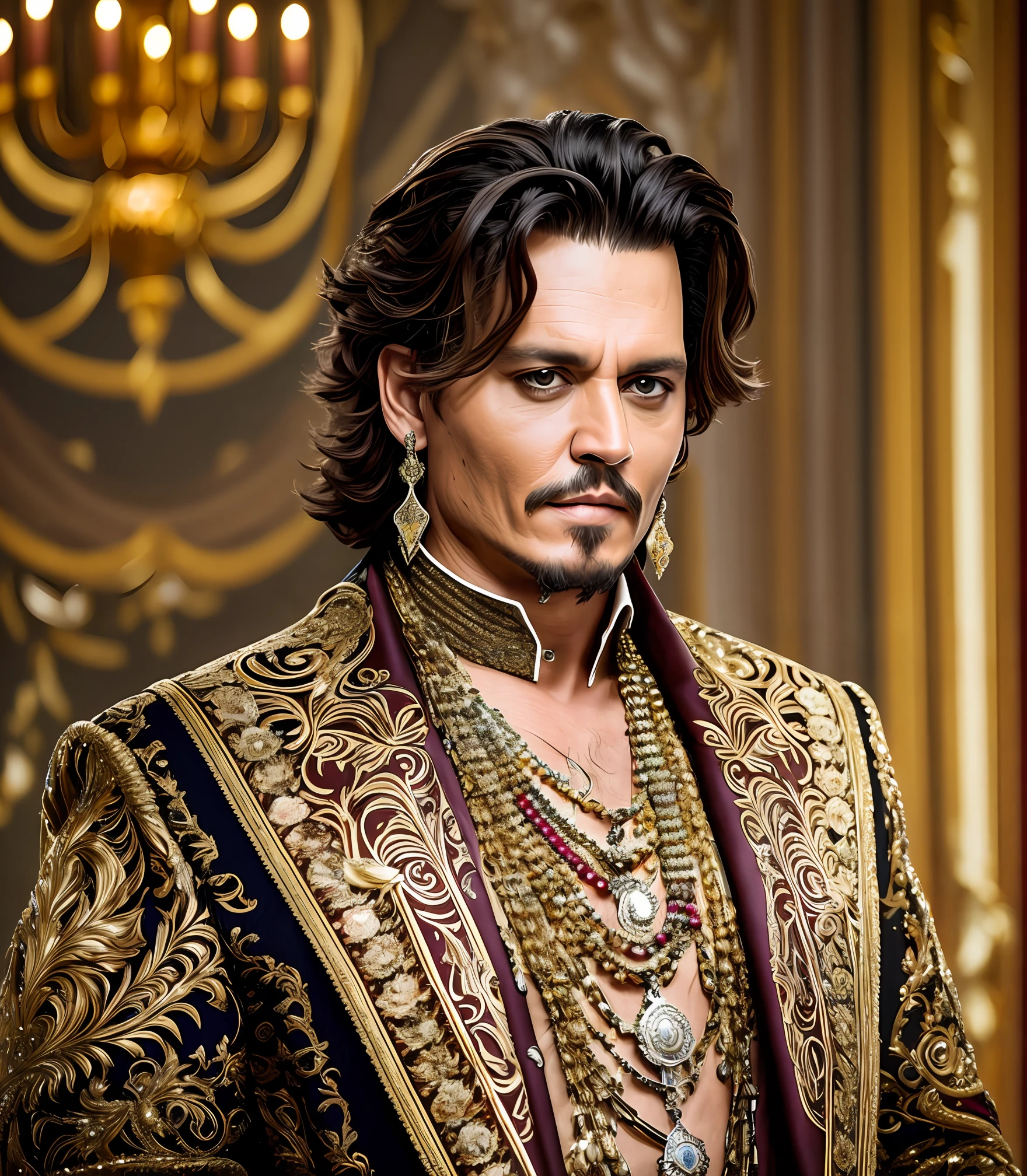 Masterpiece Photography Ultra Realistic, 4K and 12K resolution. Johnny Depp:
Masterpiece Photography Ultra Realistic Description: Johnny Depp, the enigmatic American actor, is captured in a mesmerizing 4K hyper-realistic composition wearing a flamboyant and theatrical ensemble, standing in a lavish ballroom adorned with chandeliers and intricate frescoes. The unexpected blend of eccentricity and opulence enhances his captivating presence. With his piercing eyes and enigmatic smile, he exudes a sense of mystery and allure. The hyper-realistic portrayal captures the intricate details of his elaborate costume, the lavish surroundings of the ballroom, and the play of light and shadow, evoking a sense of unparalleled artistry and mesmerizing charm. --auto --s2