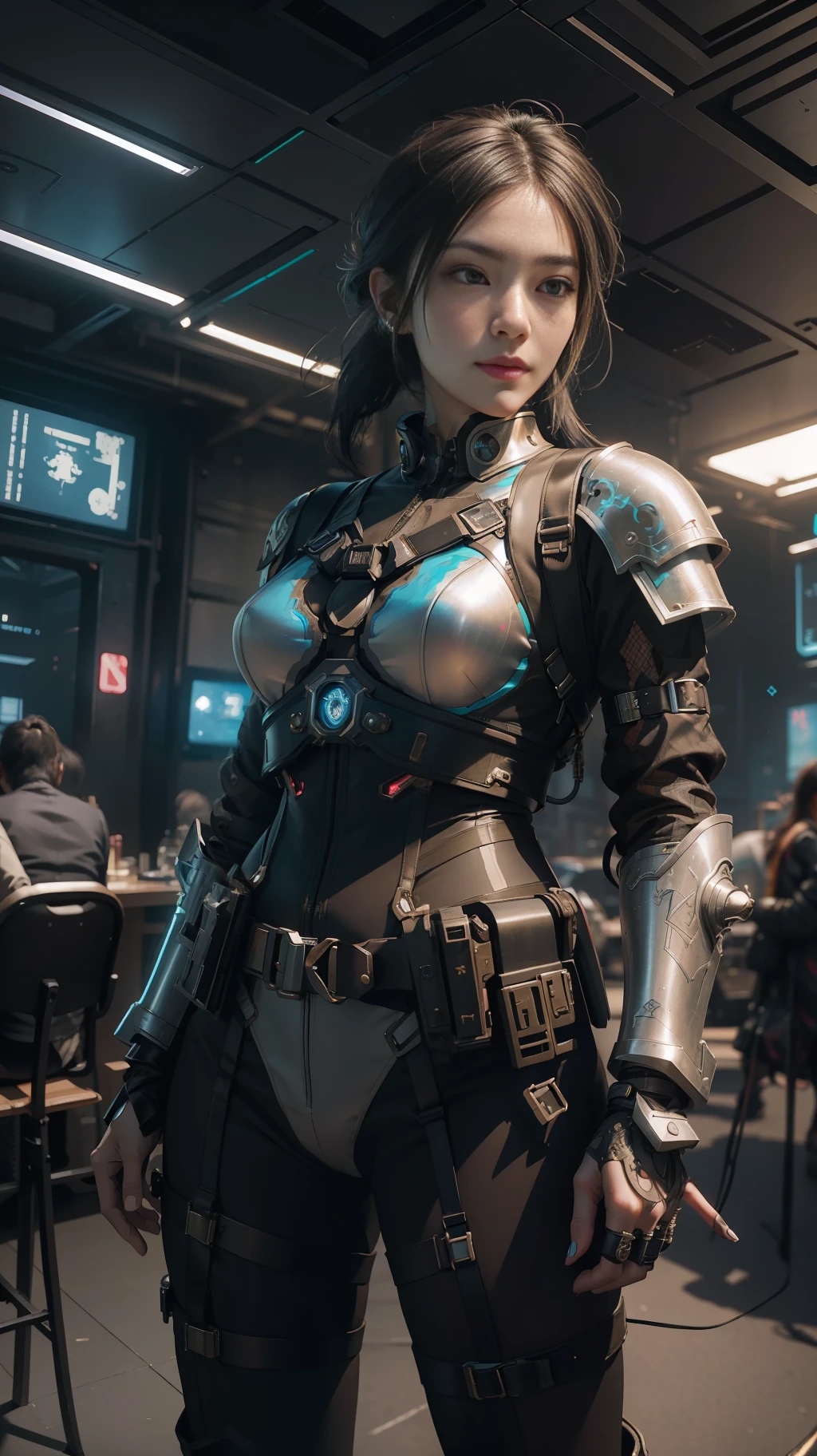 Beautiful hyperrealistic photograph of cute smiling asian cyberpunk female, (((wearing full heavy cyberpunk armor, combat harness))) shapeless cyberpunk hairstyle, elegant pose, cyberpunk street background, abstract beauty, near perfection, pure form, Golden Ratio, minimalism, concept art, By Brian Froud and Carne Griffiths and Wadim Kashin, intricate detail, 8k post-production, High resolution, super Detail, trending on ArtStation, sharp focus, studio photos, intricate detail, Very detailed, By Greg Rutkowski
