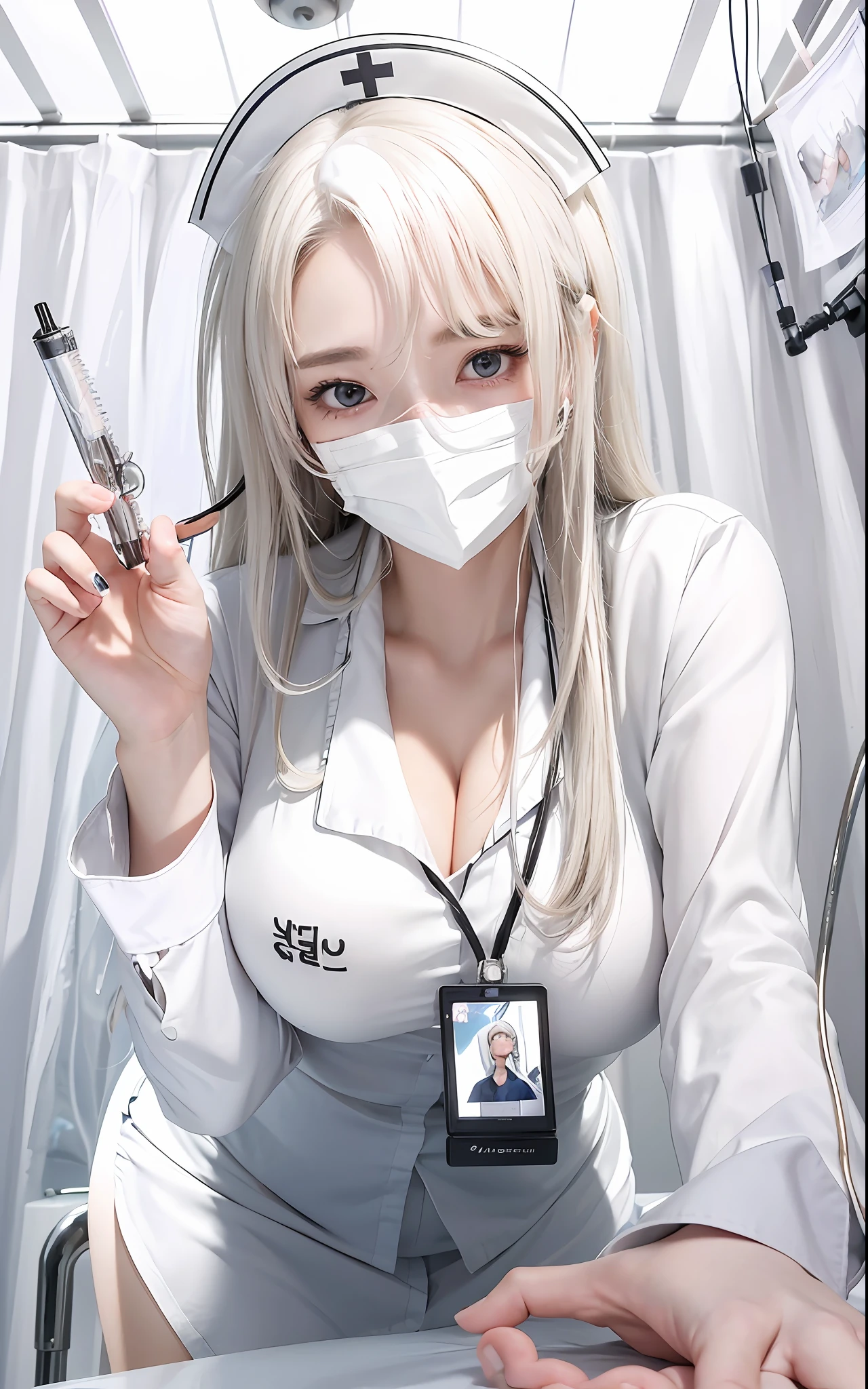 (Masterpiece, realistic, high resolution), (1 girl): 1.2), Korean, ((white wavy hair): 1.3), (heterochromic eyes: 1.1, thick eyebrows, small moles under the eyes), (nurse's uniform), (huge breasts): 1.2, thighs), on the water, cleavage,