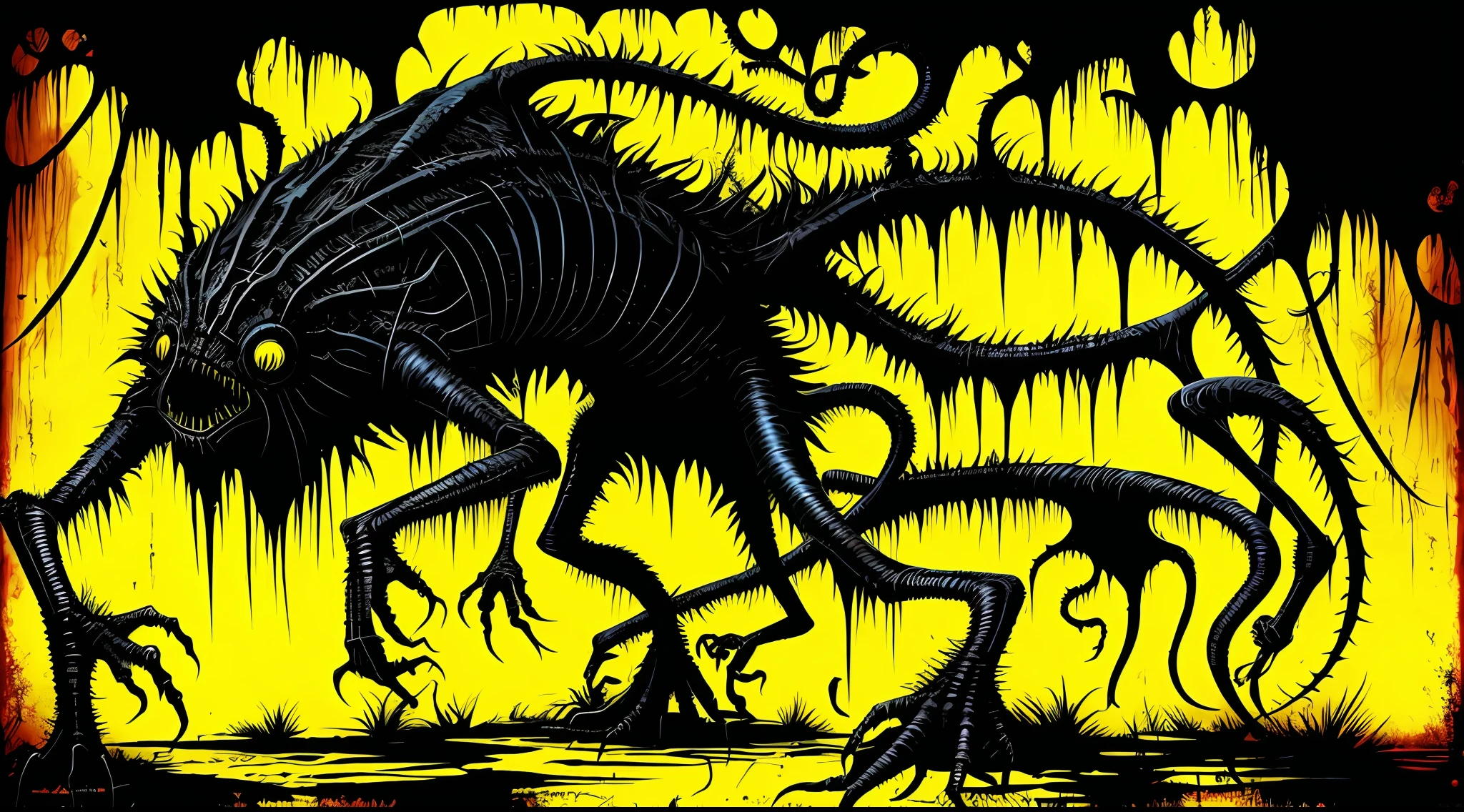 yellow and black, monstrous creature, in the style of Mork Borg, strong contrast, grunge dirty punk splash art, black metal zine