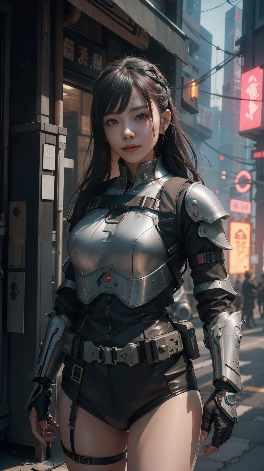 Beautiful hyperrealistic photograph of cute smiling asian cyberpunk female, (((wearing full heavy cyberpunk armor, combat harness))) shapeless cyberpunk hairstyle, elegant pose, cyberpunk street background, abstract beauty, near perfection, pure form, Golden Ratio, minimalism, concept art, By Brian Froud and Carne Griffiths and Wadim Kashin, intricate detail, 8k post-production, High resolution, super Detail, trending on ArtStation, sharp focus, studio photos, intricate detail, Very detailed, By Greg Rutkowski