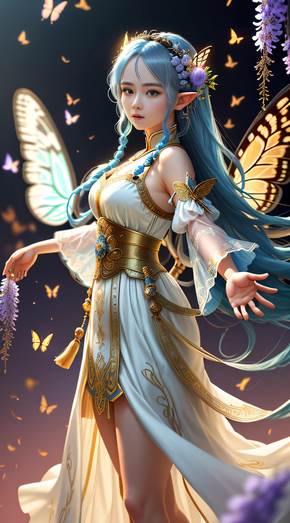 masterpiece, highres, realistic, photographic, exquisite body, gorgeous face, milky skin, intricate details, high resolution, high detail RAW color photo, wallpaper,. 1girl, long hair, bug, pointy ears, butterfly, flower, dress, white hair, solo, detached sleeves, wings, butterfly wings, hair ornament, open mouth, blue eyes, white dress, blue hair,Golden tassels, delicate embroidery patterns,The elaborate braids, the Greek dresses,chinese clothes,many wisteria,Whirlpool, entanglement, colorful flowers, dunhuang clothes,streamer,dancing, .VSCO A7, HDR, highres, depth field, boken, ISO 200, golden hour, vignette, rainbowing, The color is bright, Rich in color,  dramatic angle, dynamic pose, overall view, backlight, from the Side below silk, many colorful, multicolored background, film grain, lens flare, dutch angle, motion blur, 16K, best quality,The color is bright, Rich in color style-paintmagic.