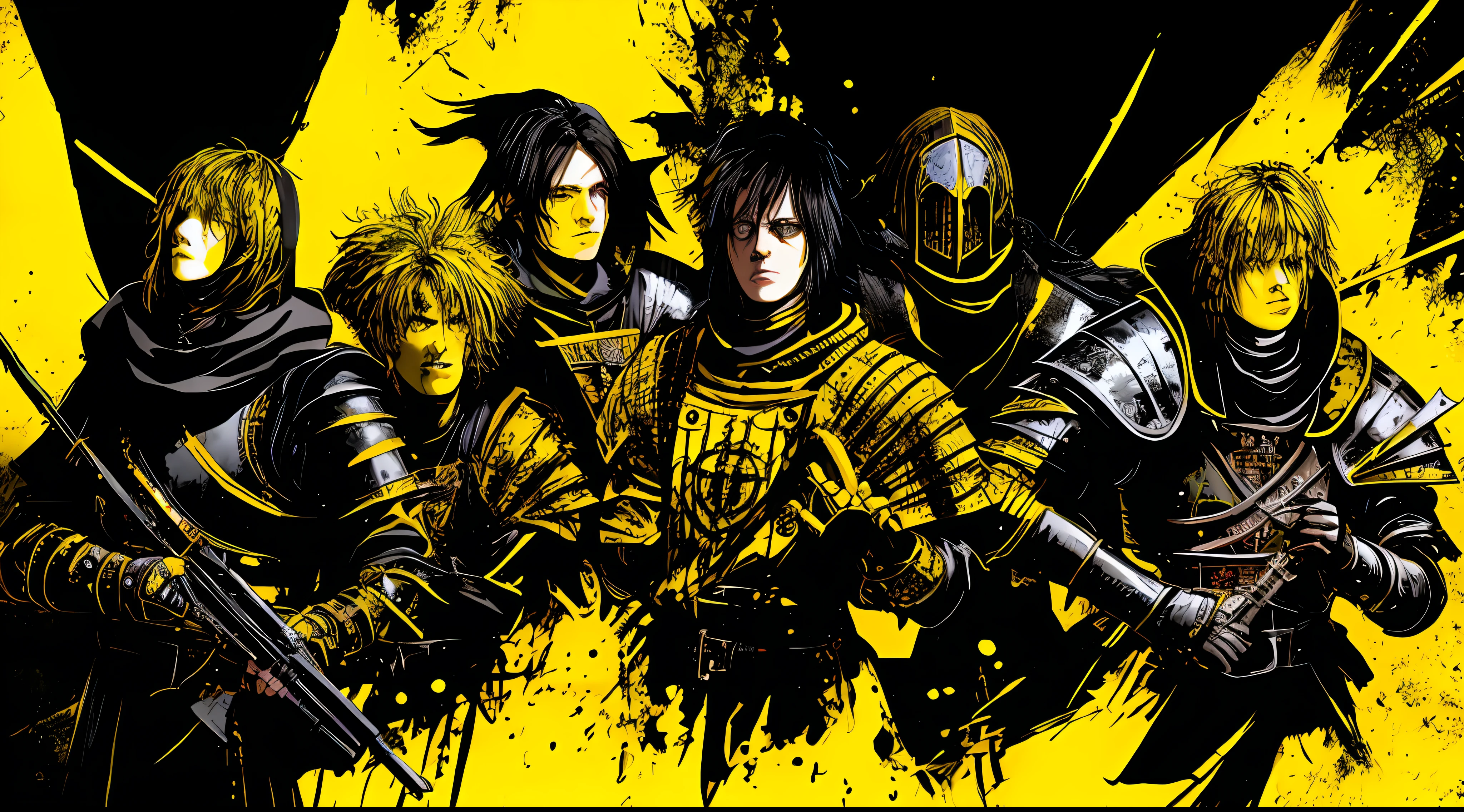 yellow and black, medieval knights, in the style of Mork Borg, strong contrast, grunge dirty punk splash art, black metal zine
