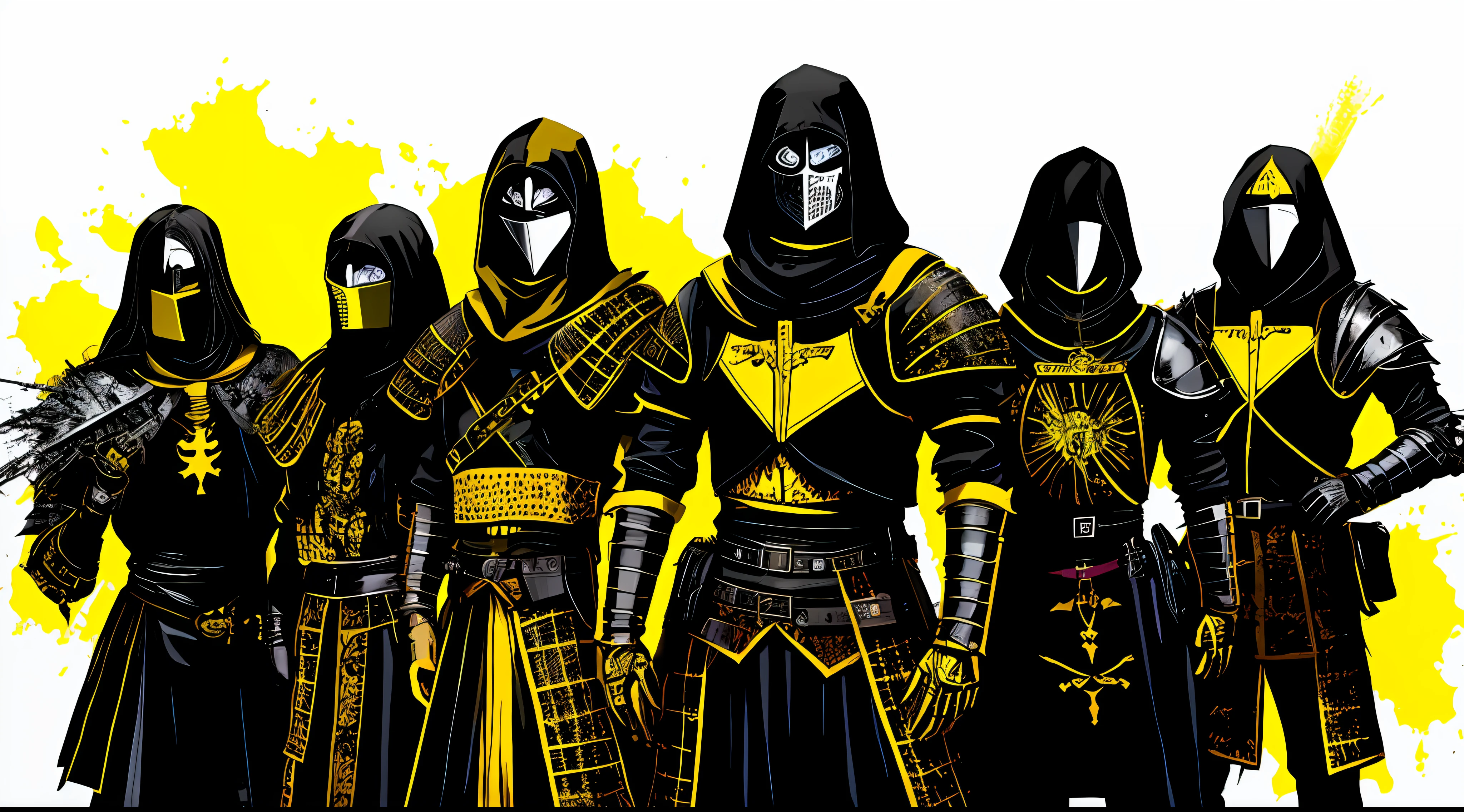 yellow and black, medieval knights, in the style of Mork Borg, strong contrast, grunge dirty punk splash art, black metal zine