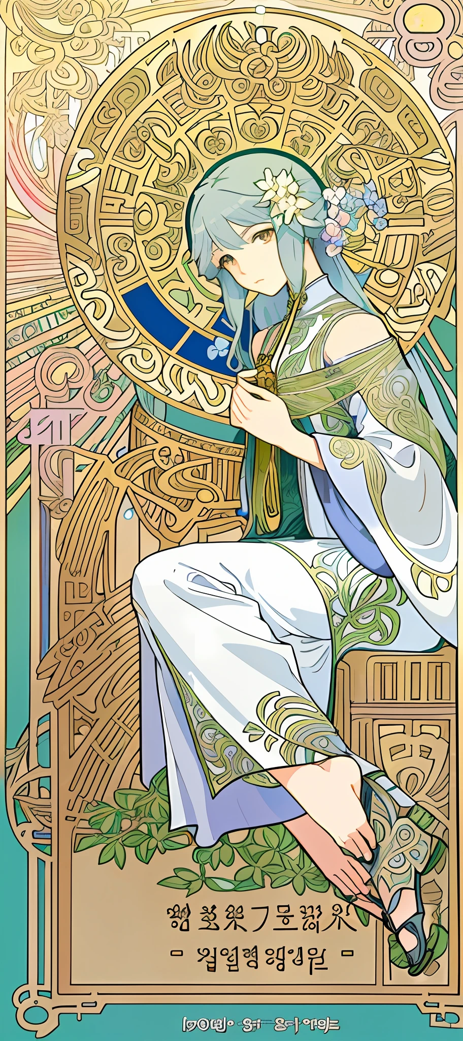 a painting of a woman sitting on a chair with flowers, anime art nouveau, alphonse mucha and rossdraws, alphonse mucha style, korean art nouveau anime, flat shading mucha, in style of alphonse mucha, demura and alphonse mucha, anime art nouveau cosmic display, inspired by Alfonse Mucha, mucha style, flat cel shading mucha