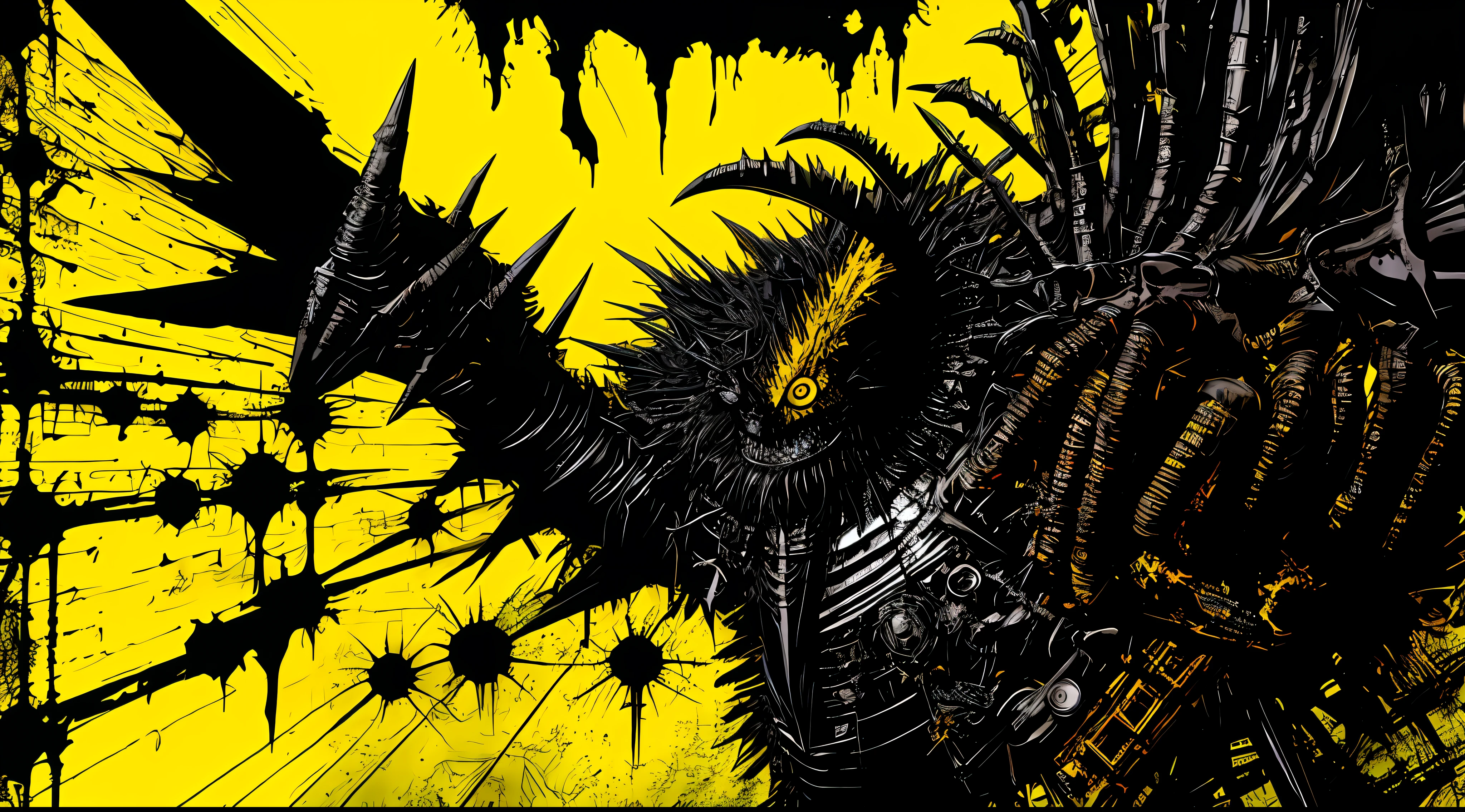 yellow and black, monstrous creature, in the style of Mork Borg, strong contrast, grunge dirty punk splash art, black metal zine